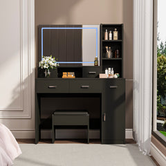 HAOYYE Black dressing table with LED 3-color illuminated mirror and power outlet, dressing table with drawers, storage box and shelf, dressing table with bedroom cushioned stool