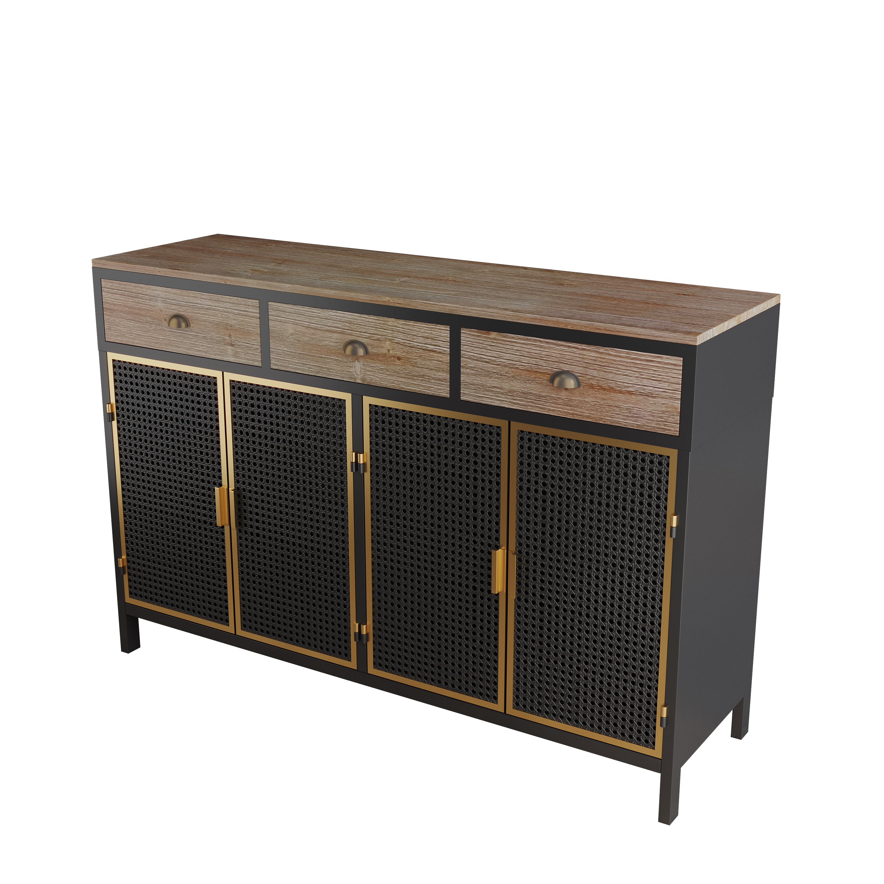 HAOYYE Modern Sideboard With 4 Doors And 3 Top Drawers, Freestanding Storage Cabinet For Entryway, Living Room, Office, Or Bedroom, Sturdy Space-Saving Heavy Duty Design