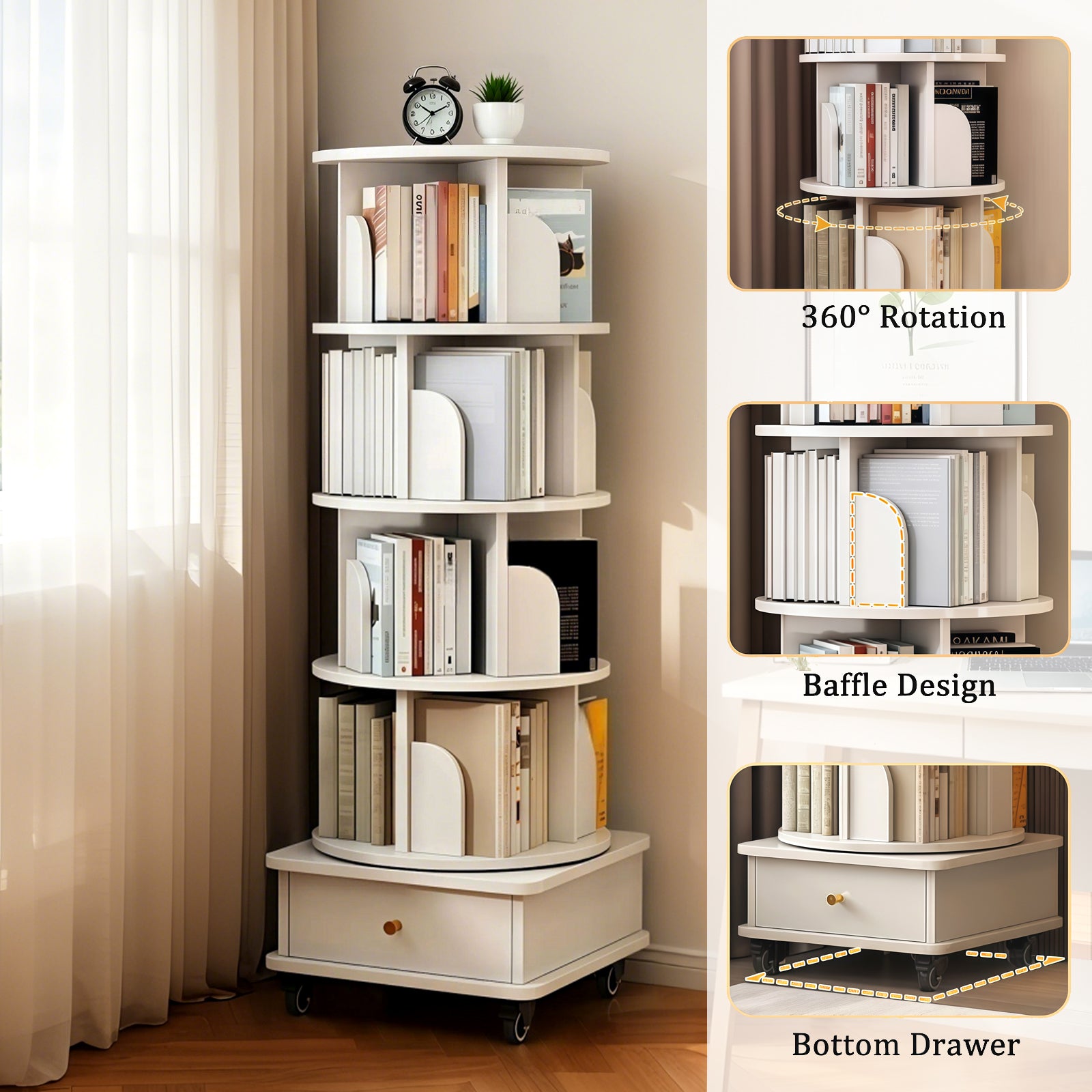 HAOYYE 5 Tier Rotating Bookshelf Tower with 360 Degree Swivel Display, Drawer Storage, Universal Wheels and Modern Round Design, Space-Saving Standing Bookcase for Home Office Bedroom or Living Room in Warm White