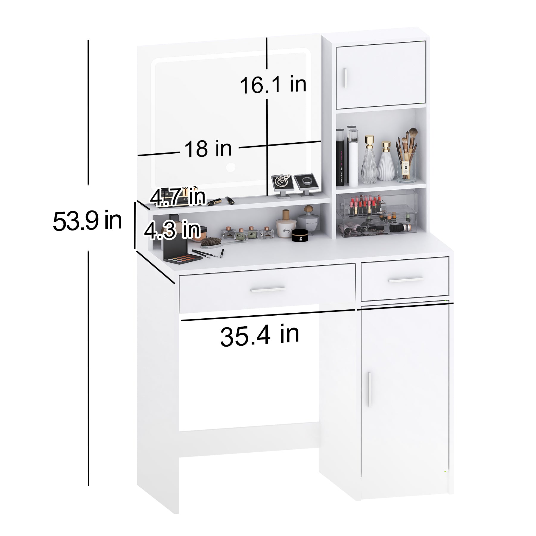HAOYYE Vanity Desk With Mirror And LED Lighting, Dressing Table With Large Drawer And Multiple Storage Levels, 3 Lighting Modes With Adjustable Brightness, Modern White Design For Bedroom, Sturdy Space-Saving Construction