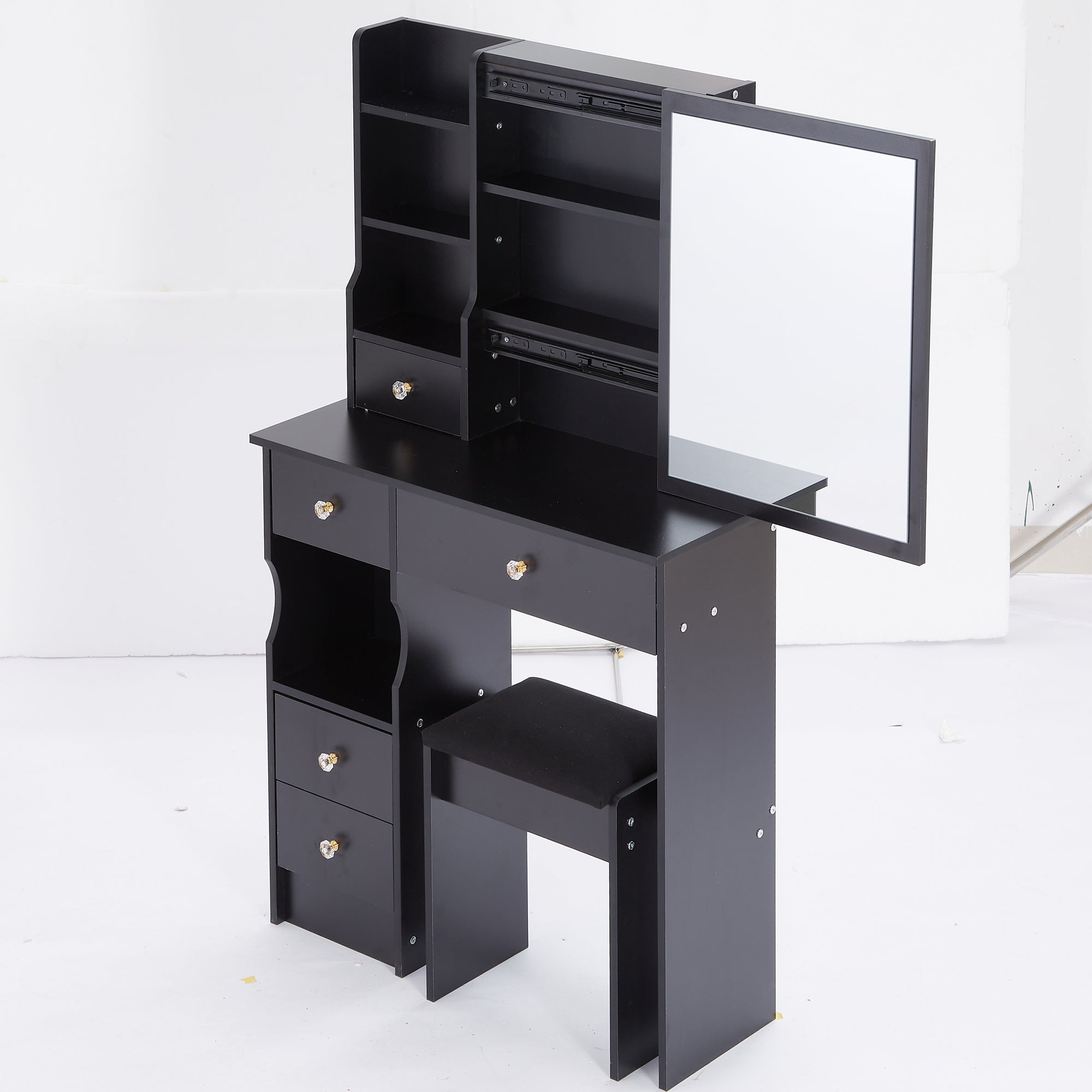 HAOYYE Small Size Left Drawer Desktop Vanity Table + Cushioned Stool, Extra Large Sliding Mirror, Multi Layer, High Capacity Storage Fashionable Dresser, Suitable for Small Space, EPA,GCC,UL Certificate