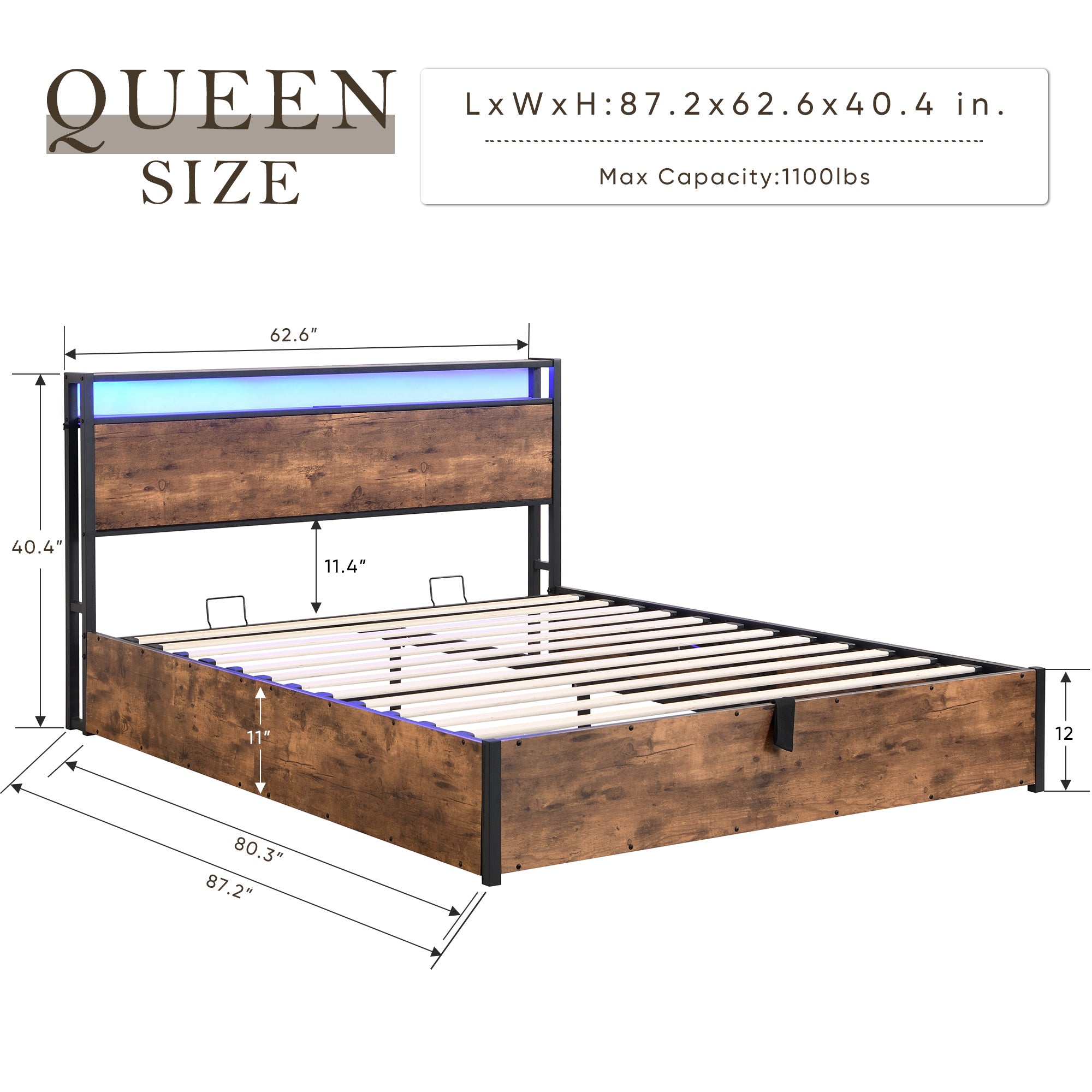 HAOYYE Lift-up Storage Bed Frame, Queen Size Bed Frame with Bookcase Headboard & LED Lights, Wooden Platform Bed Frame with Charging Station, No Spring Box Needed, Rustic Brown Sturdy Space-Saving Heavy Duty