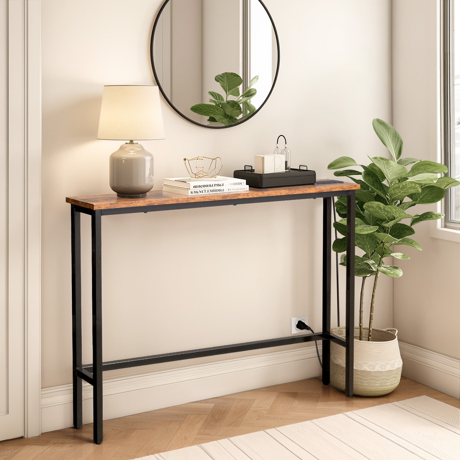 HAOYYE Console Sofa Table with Power Outlets and USB Ports, Slim Skinny Couch Table with Metal Frame and Charging Station, Ideal for Apartments, Living Rooms, and Dorms, Rustic Brown