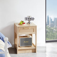 HAOYYE Natural Rattan End Table with Drawer, Modern Nightstand, Side Table for Living Room and Bedroom, Sturdy Space-Saving Design, Heavy Duty Construction, Easy Assembly
