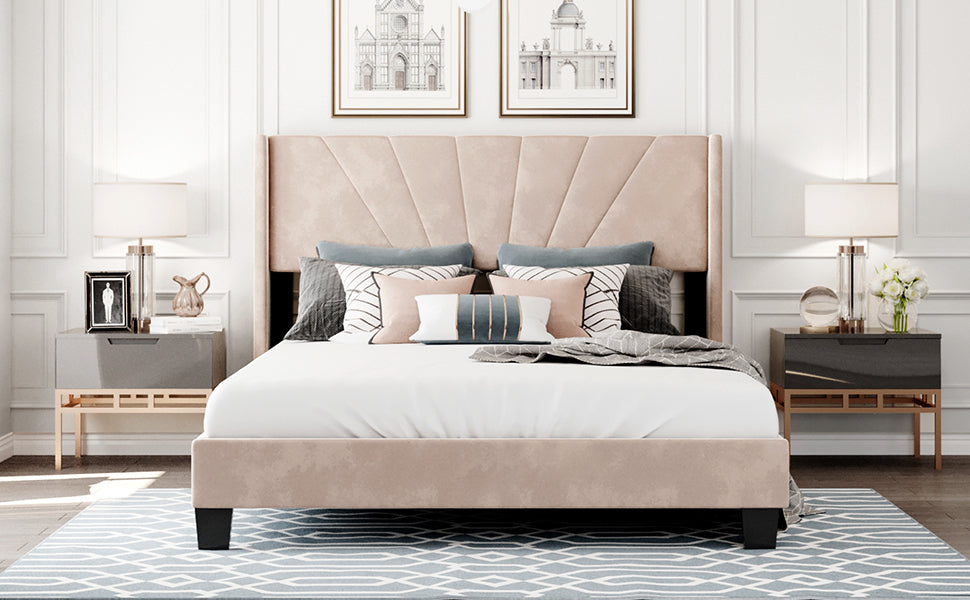 HAOYYE Queen Size Velvet Upholstered Platform Bed, Box Spring Needed - Beige Sturdy Space-Saving Heavy Duty Modern Design Adults Dorm Room Easy Assembly Bedroom Furniture