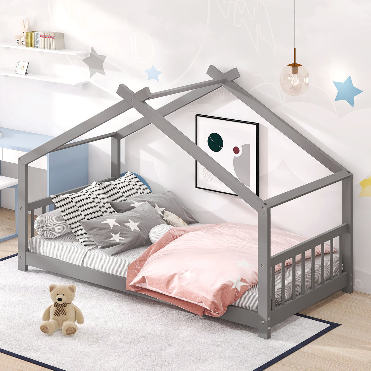 HAOYYE Twin Size House Bed Wood Bed, Gray Sturdy Space-Saving Heavy Duty Modern Design Adults Dorm Room Easy Assembly Bedroom Furniture
