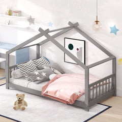 HAOYYE Twin Size House Bed Wood Bed, Gray Sturdy Space-Saving Heavy Duty Modern Design Adults Dorm Room Easy Assembly Bedroom Furniture