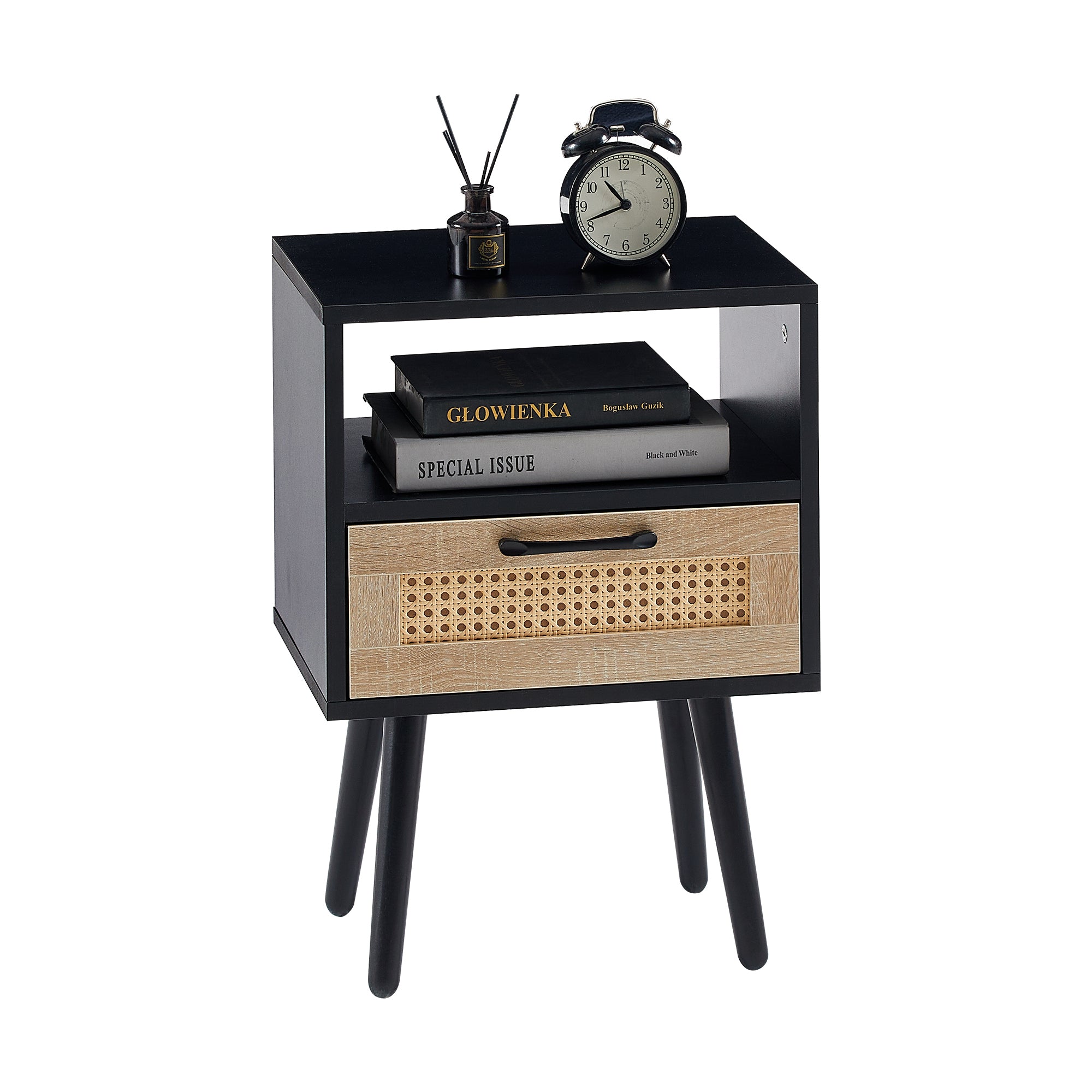 HAOYYE Rattan End Table with Drawer and Solid Wood Legs, Modern Nightstand, Side Table for Living Room, Bedroom, Black, Sturdy and Space-Saving Design, Heavy Duty Construction, Easy Assembly for Adults and Dorm Rooms