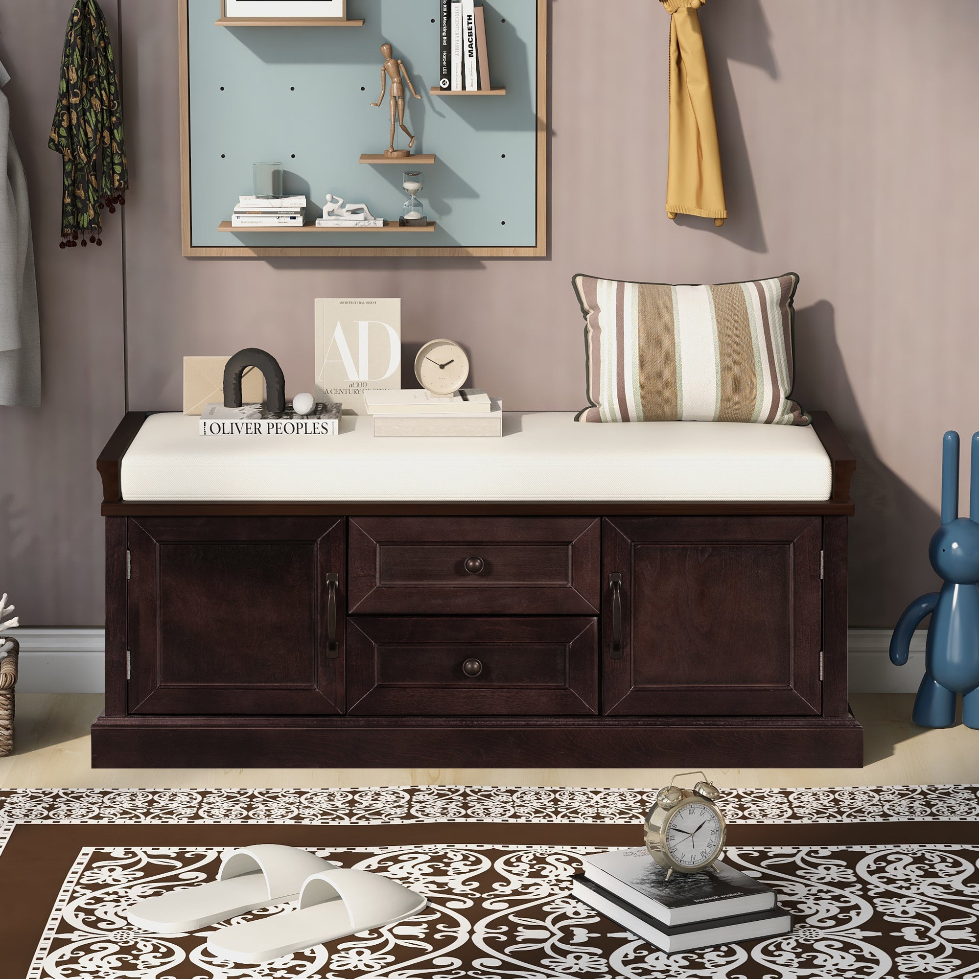 HAOYYE Storage Bench with 2 Drawers and Cabinets, Shoe Bench with Removable Cushion for Living Room, Entryway, Sturdy Space-Saving Heavy Duty Construction, Espresso Finish, Modern Design for Adults and Dorm Rooms
