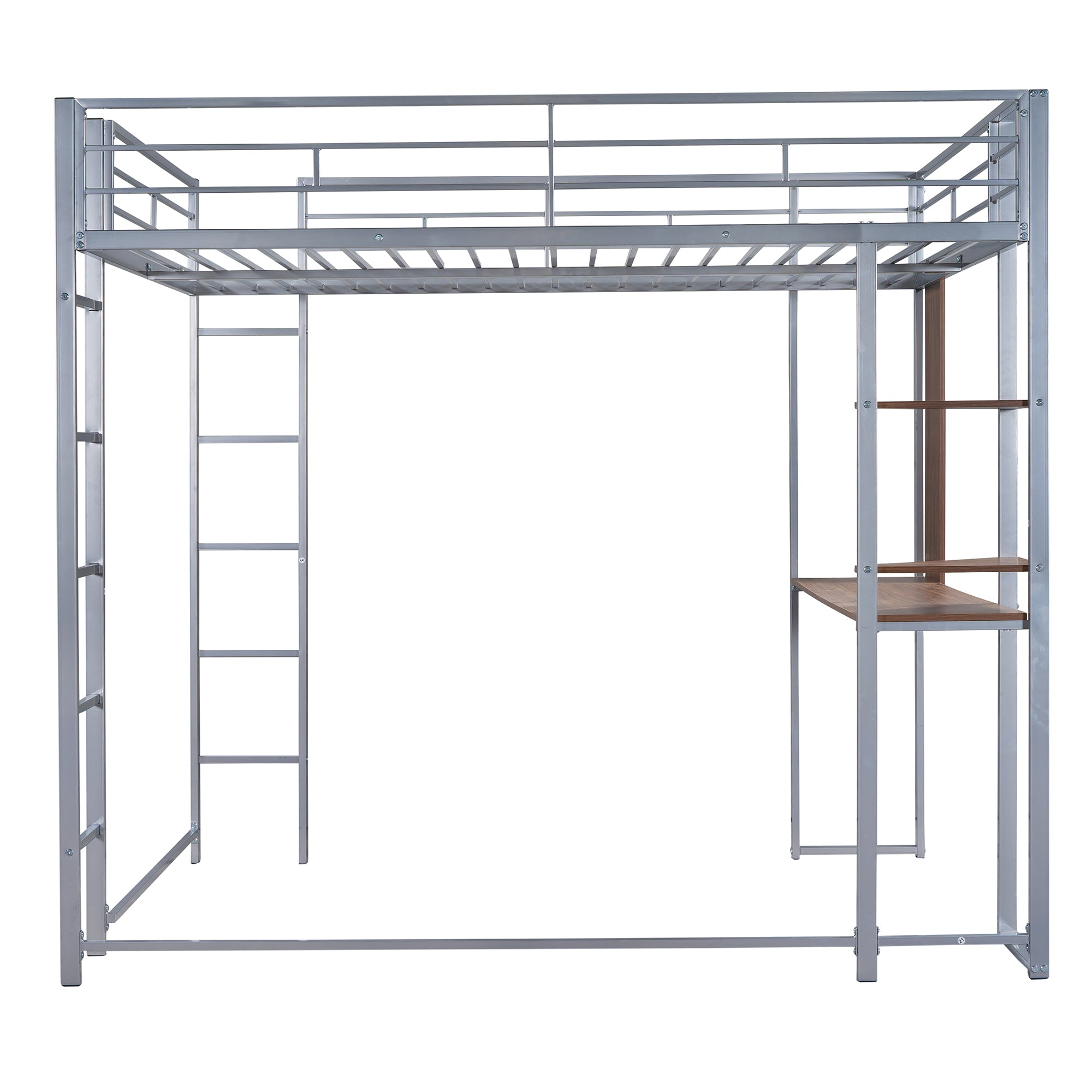 HAOYYE Full Size Metal Loft Bed with 2 Built-in Shelves & Desk, Silver – Space-Saving Design with Sturdy Metal Frame, Includes Full-Length Guardrails & Ladder, No Box Spring Needed, Perfect for Small Bedrooms & Dorm Rooms