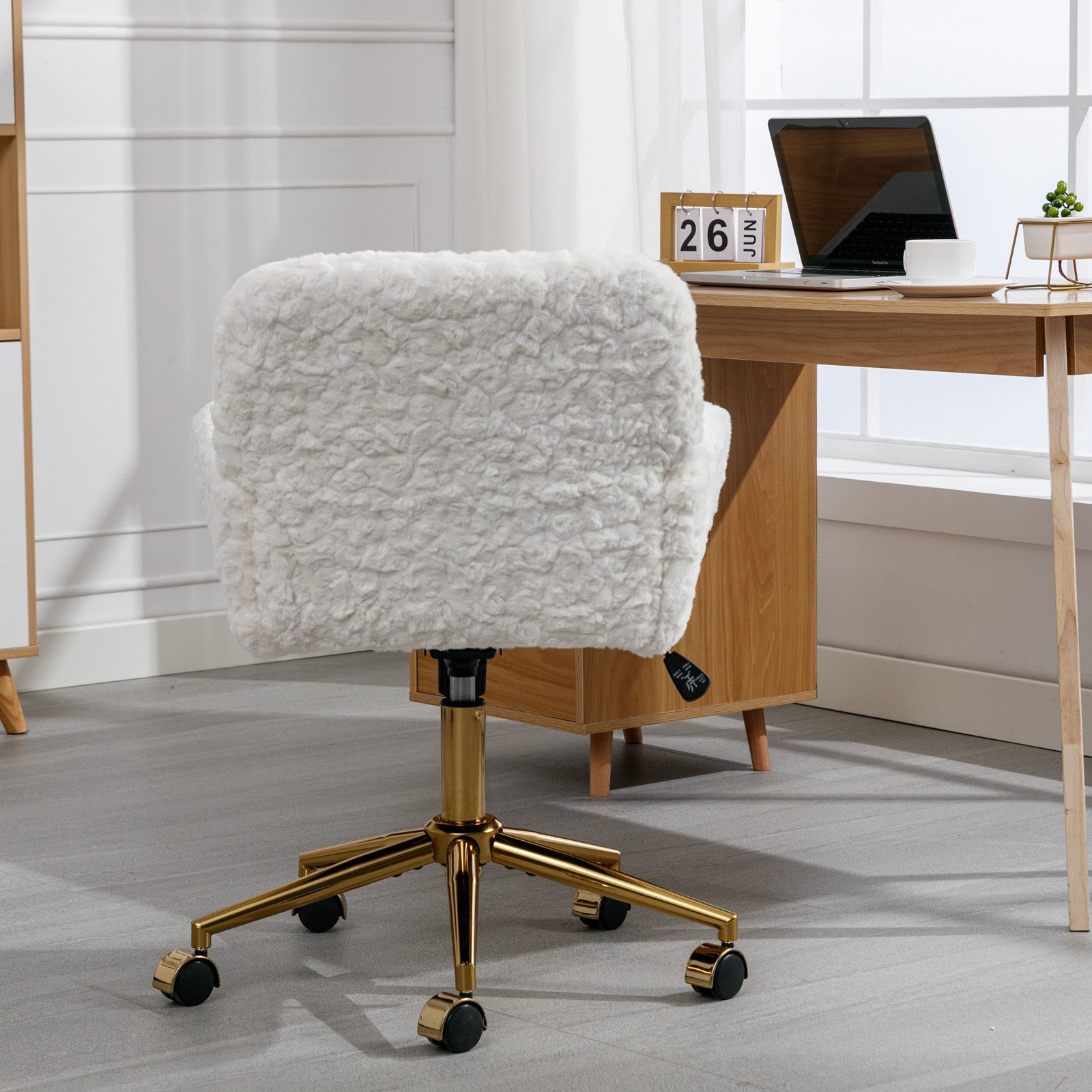 HAOYYE Artificial Rabbit Hair Home Office Chair With Golden Metal Base, Adjustable Swivel Desk Chair, Modern Beige Vanity Chair, Sturdy Space-Saving Heavy Duty Design