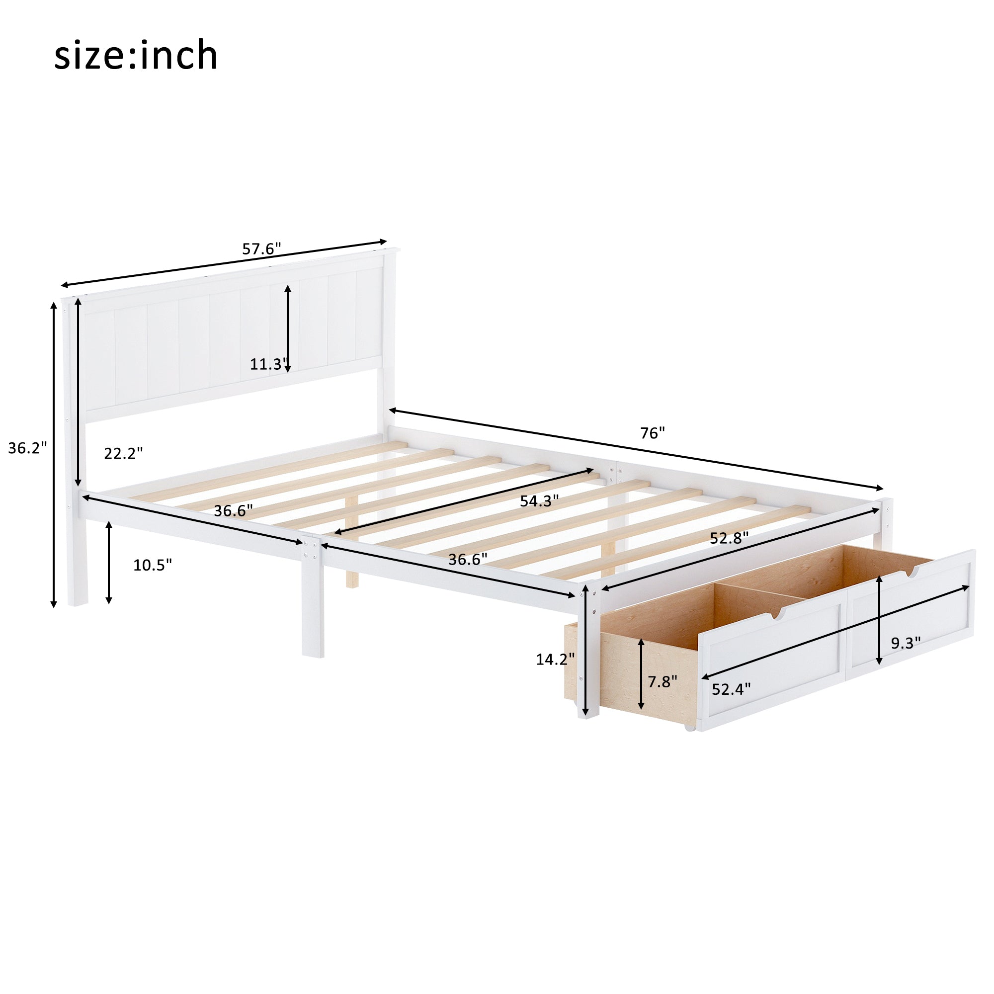 HAOYYE Full Size Platform Bed with Under-bed Drawers, White, Sturdy Space-Saving Design, Heavy Duty Construction, Easy Assembly, Durable and Stylish Home Furniture, Versatile for Bedroom Use
