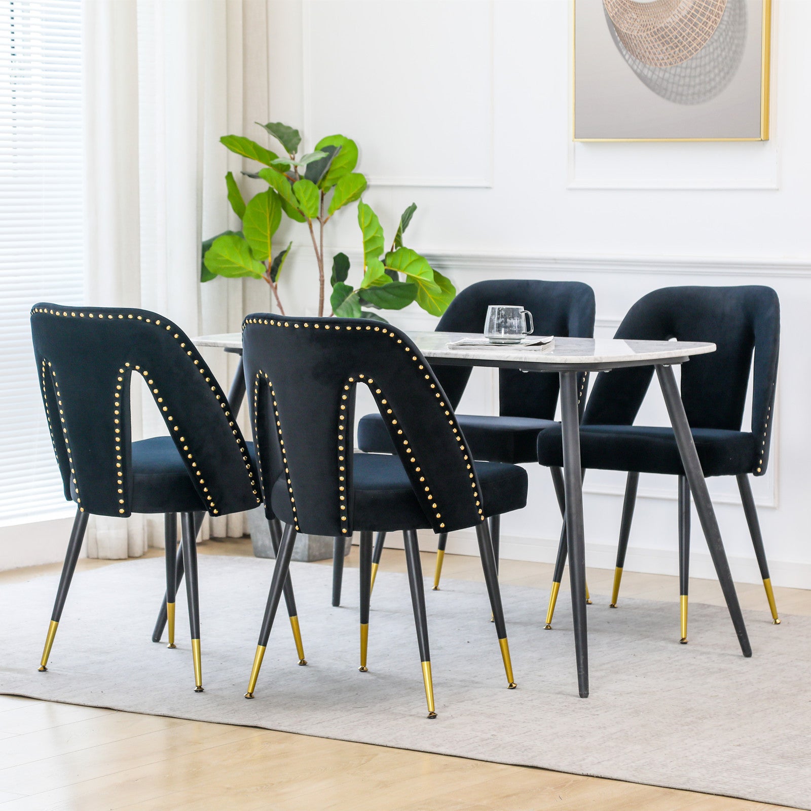 Haoyye Akoya Collection Velvet Upholstered Dining Chairs with Nailhead Trim, Set of 2 Modern Black Chairs with Gold Tipped Black Metal Legs, Stylish and Durable Accent Seating for Dining Room, Sturdy Contemporary Space-Saving Design