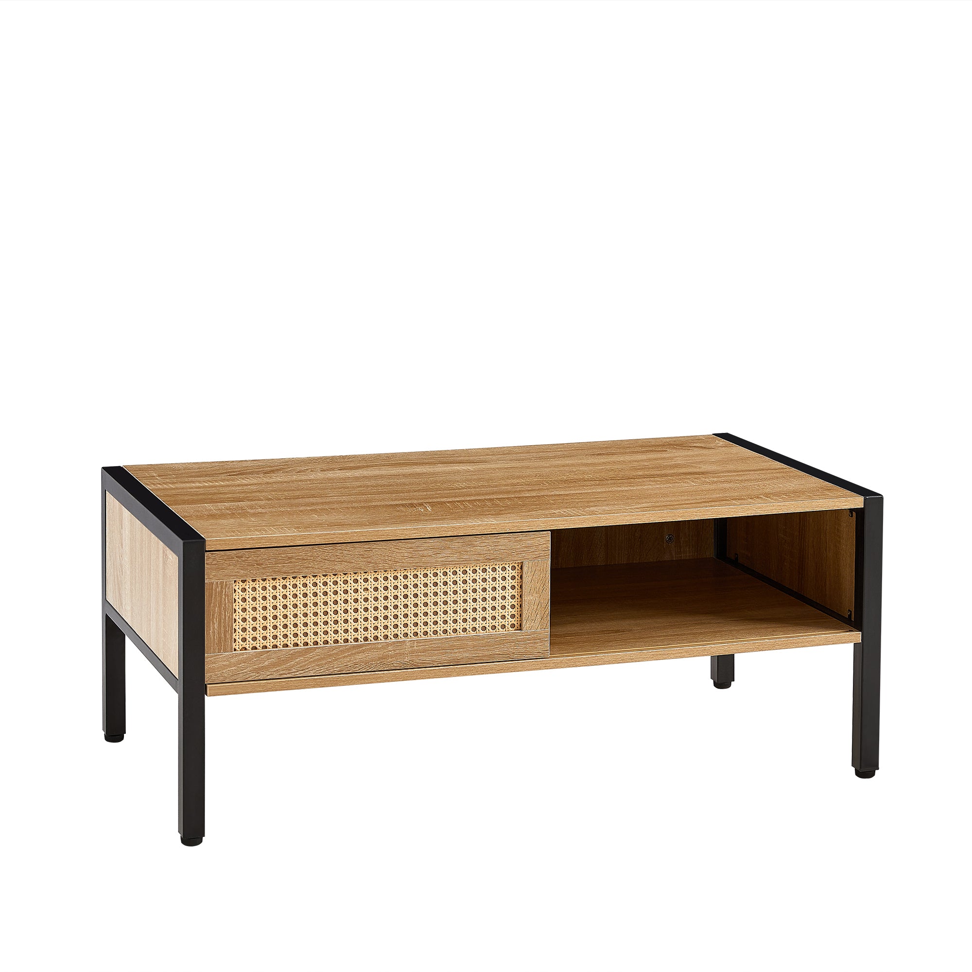 HAOYYE 40.16" Rattan Coffee table, sliding door for storage, metal legs, Modern table for living room , natural Sturdy Space-Saving Heavy Duty Modern Design Adults Dorm Room Easy Assembly