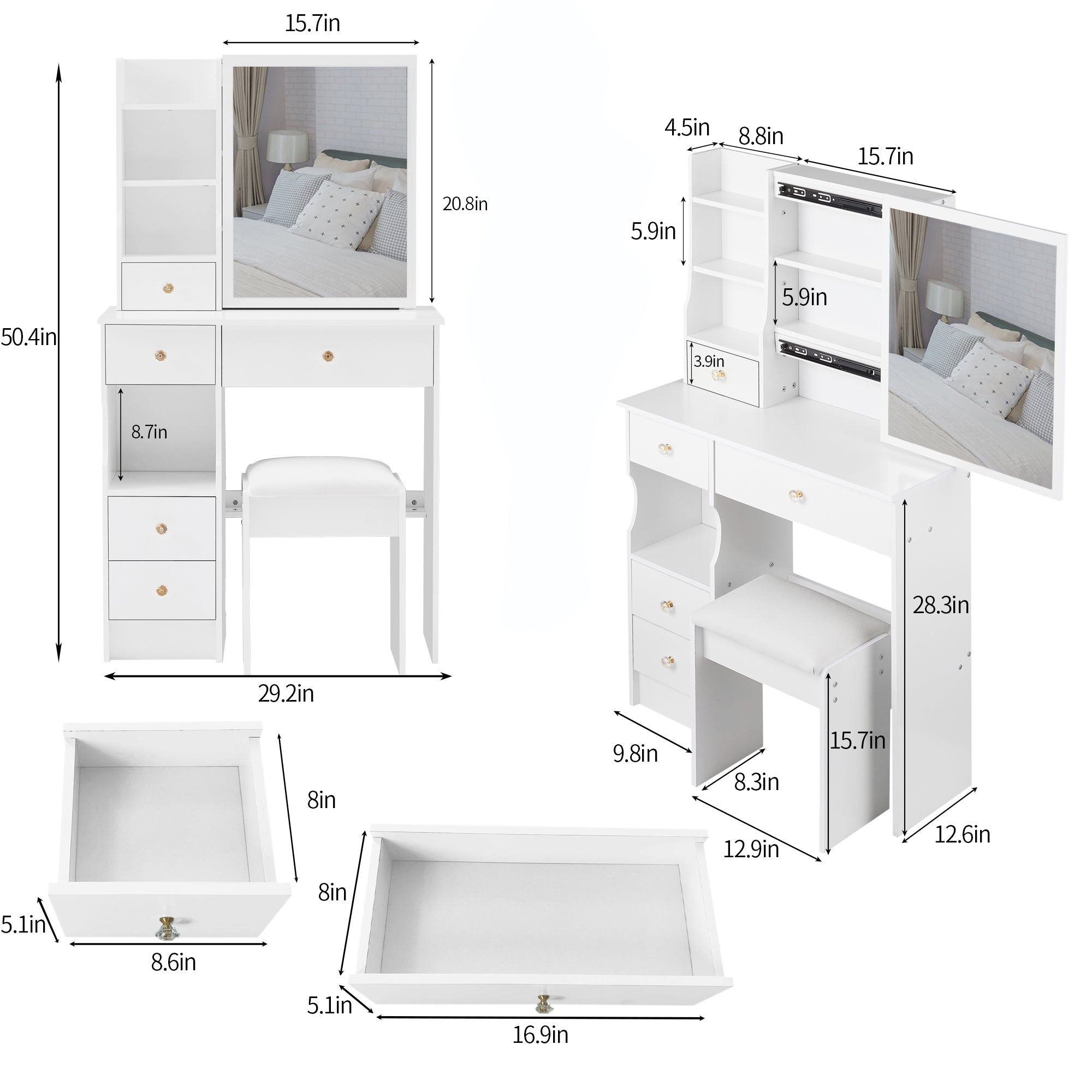 HAOYYE Small Size Left Drawer Desktop Vanity Table + Cushioned Stool, Extra Large Sliding Mirror, Multi Layer, High Capacity Storage Fashionable Dresser, Suitable for Small Space, EPA,GCC,UL Certificate