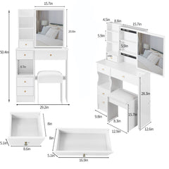 HAOYYE Small Size Left Drawer Desktop Vanity Table + Cushioned Stool, Extra Large Sliding Mirror, Multi Layer, High Capacity Storage Fashionable Dresser, Suitable for Small Space, EPA,GCC,UL Certificate