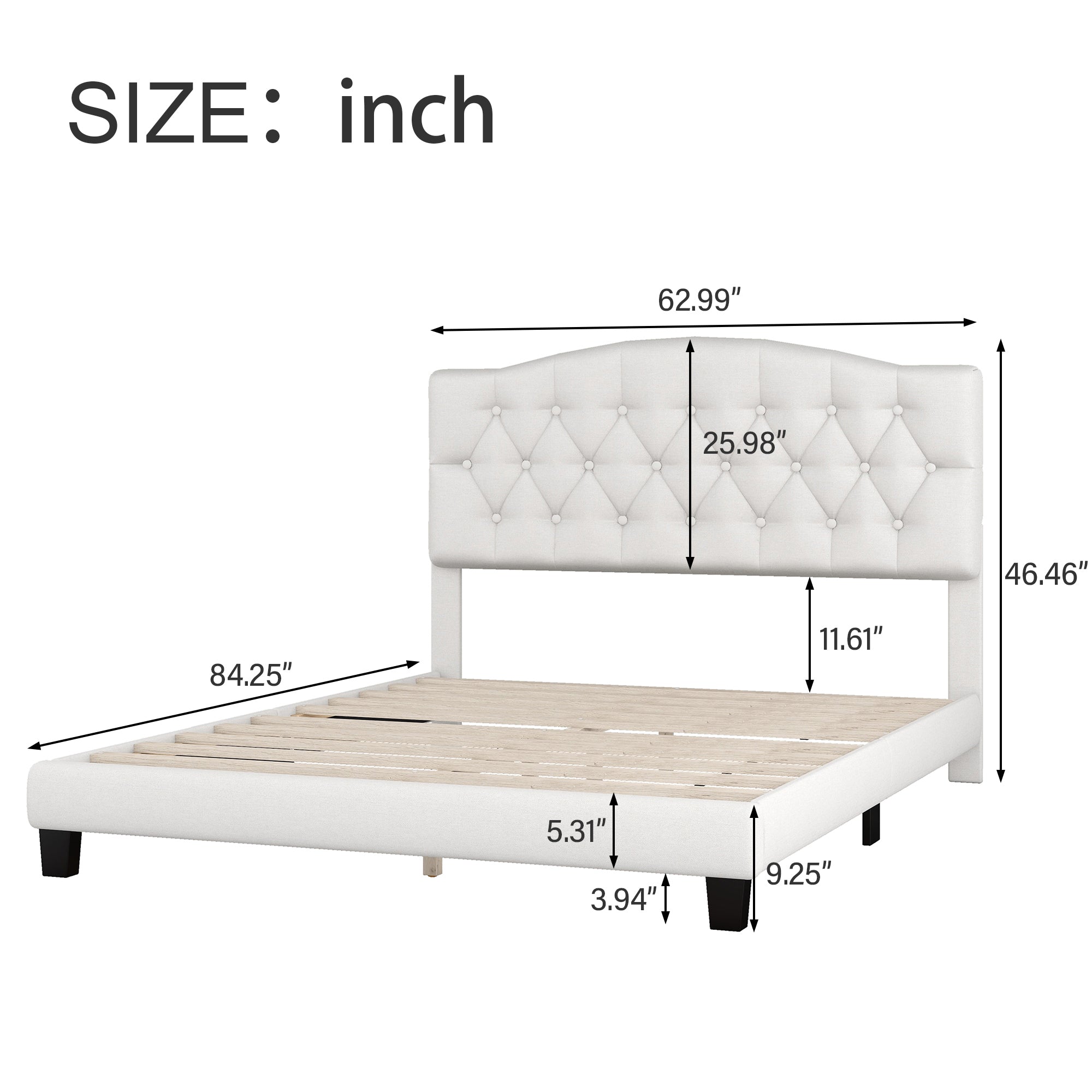 HAOYYE Upholstered Platform Bed with Saddle Curved Headboard and Diamond Tufted Details, Queen, Beige Sturdy Space-Saving Heavy Duty Modern Design Adults Dorm Room Easy Assembly Bedroom Furniture