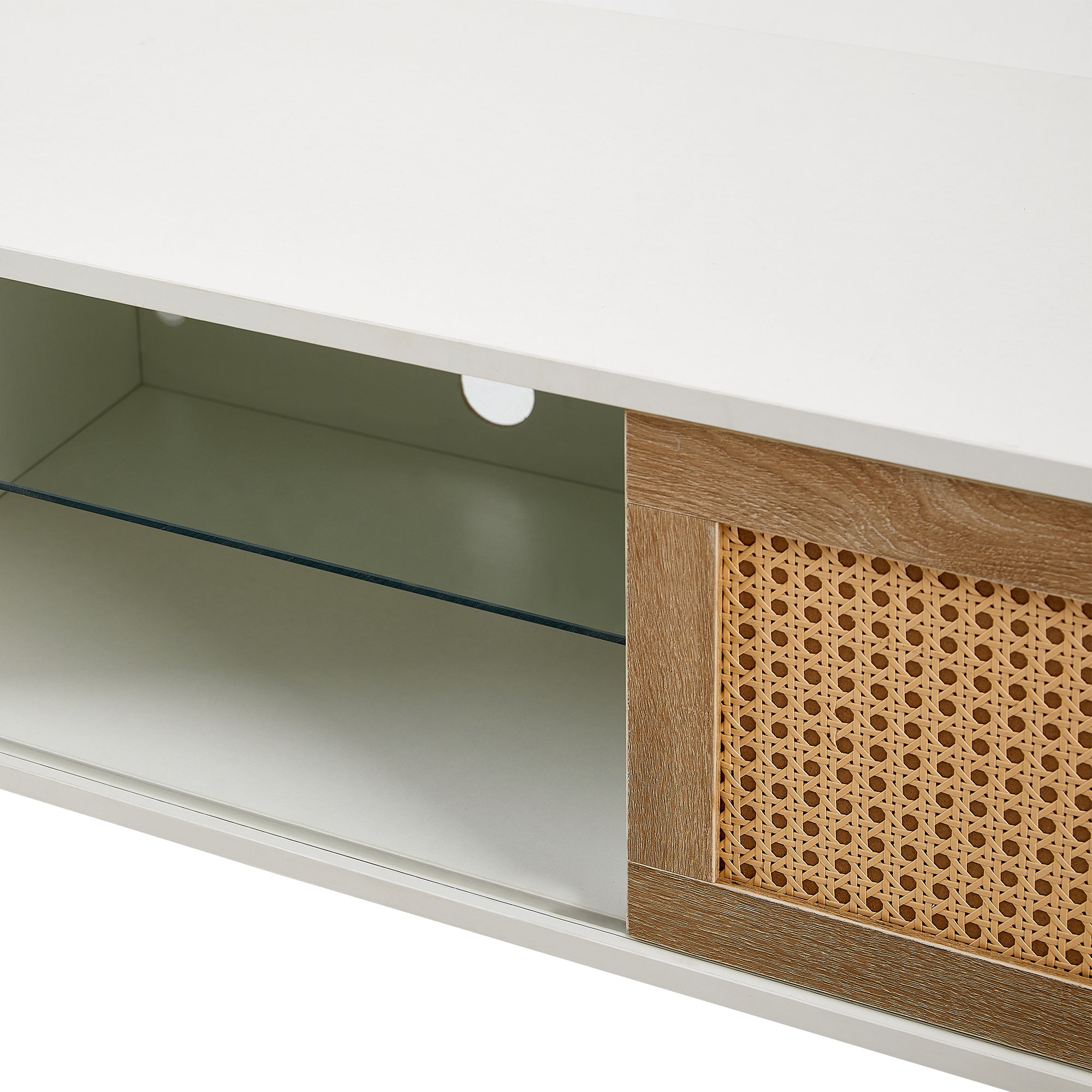 HAOYYE Rattan TV Cabinet with Adjustable Shelf and Variable Color Light Strip, Double Sliding Doors for Storage, Metal Legs, Durable and Space-Saving, Modern TV Console for Living Room, White