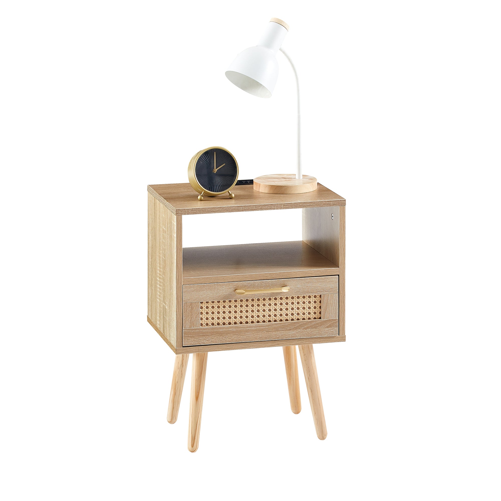 HAOYYE Rattan End Table with Power Outlet & USB Ports, Modern Nightstand with Drawer and Solid Wood Legs, Natural, Sturdy Space-Saving Design, Heavy Duty Construction, Stylish and Durable Home Furniture for Living Room or Bedroom