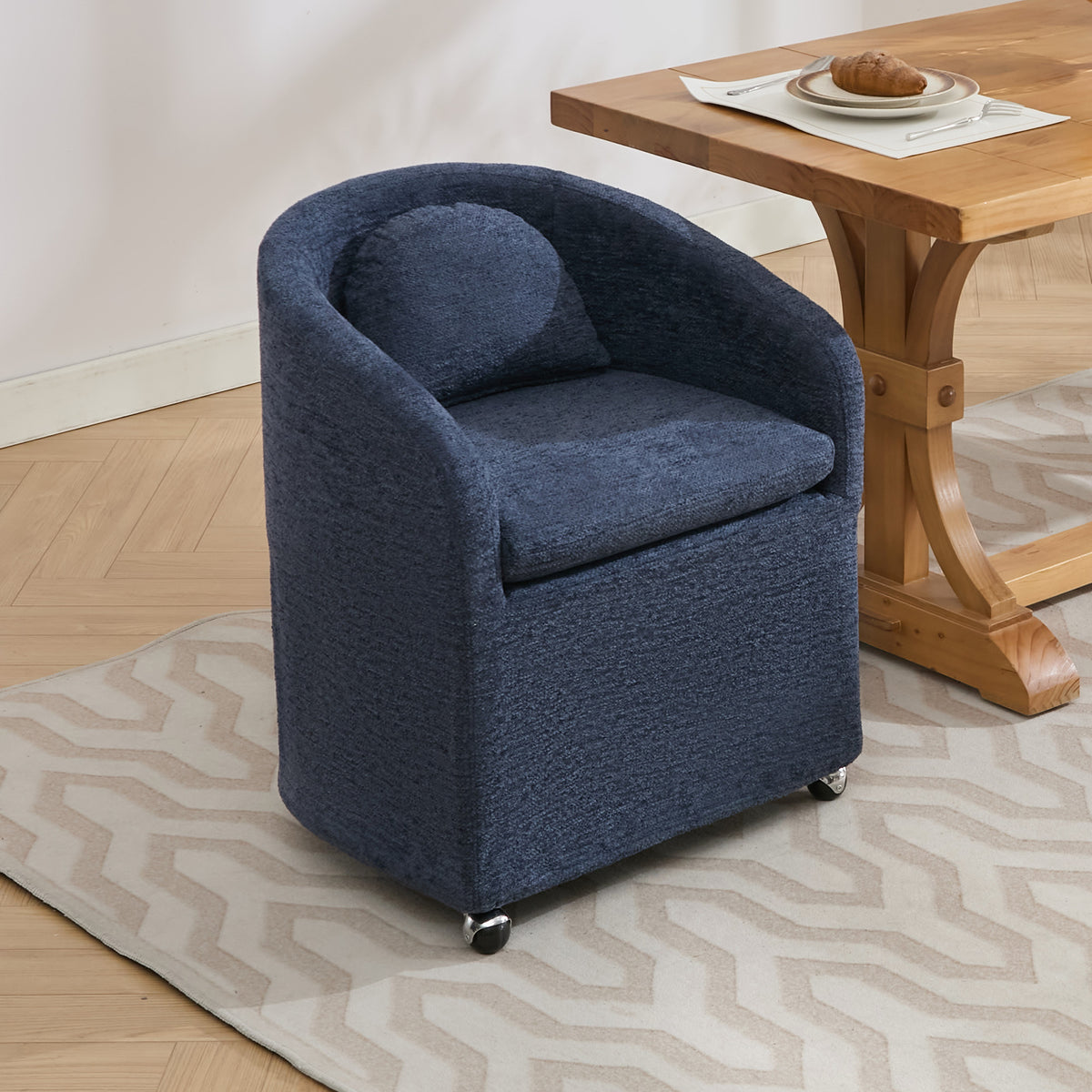 HAOYYE 059-Set of 1 Chenille Fabric Dining Armchair With Back Cushion and Universal Wheels,Blue Sturdy Space-Saving Heavy Duty Modern Design Adults Dorm Room Easy Assembly Bedroom Furniture