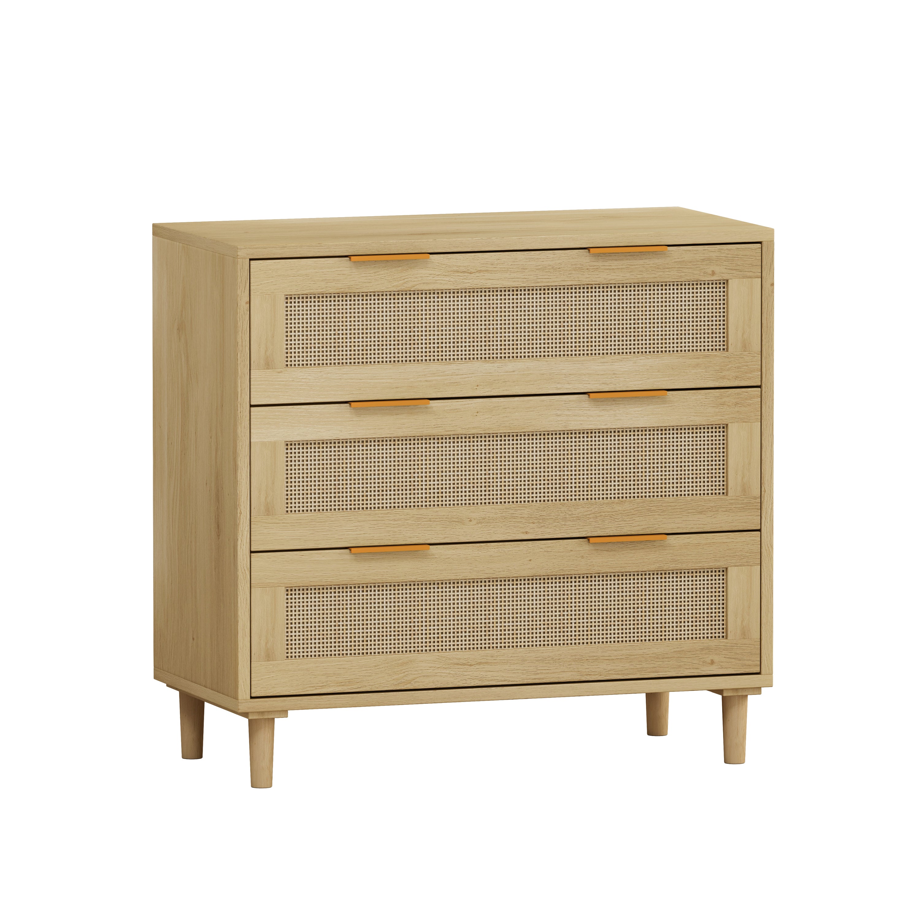 HAOYYE 31.50-Inch 3-Drawer Rattan Storage Cabinet for Bedroom, Living Room, Dining Room, and Hallways, Oak Finish, Sturdy Space-Saving Heavy Duty Modern Design, Easy Assembly for Adults and Dorm Rooms
