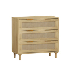 HAOYYE 31.50-Inch 3-Drawer Rattan Storage Cabinet for Bedroom, Living Room, Dining Room, and Hallways, Oak Finish, Sturdy Space-Saving Heavy Duty Modern Design, Easy Assembly for Adults and Dorm Rooms