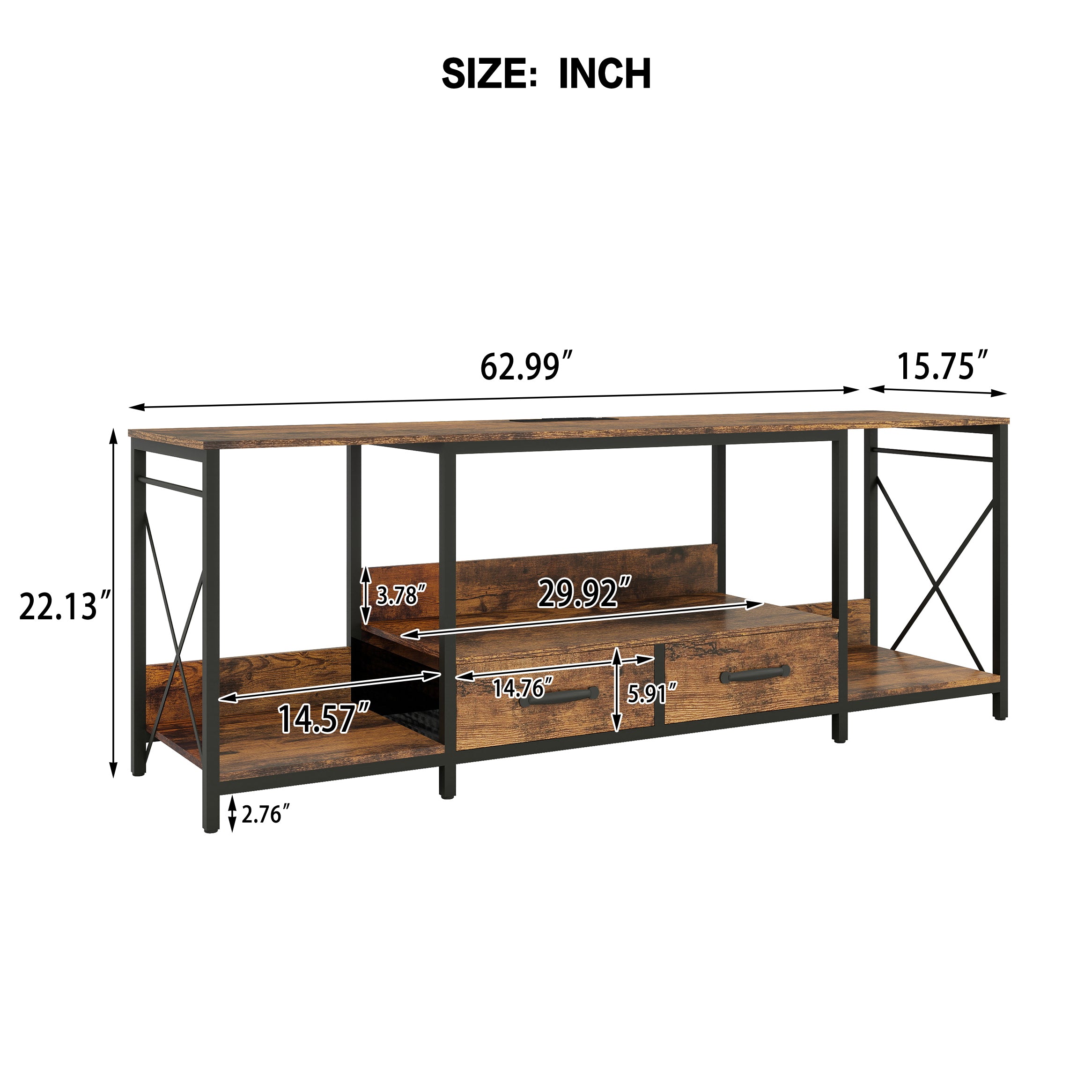 HAOYYE TV Stand with LED Lights and Power Outlets, TV Console with Fabric Drawers for 65-75 Inch TVs, Industrial Entertainment Center with Open Storage Shelves, Modern TV Stand for Living Room, Bedroom