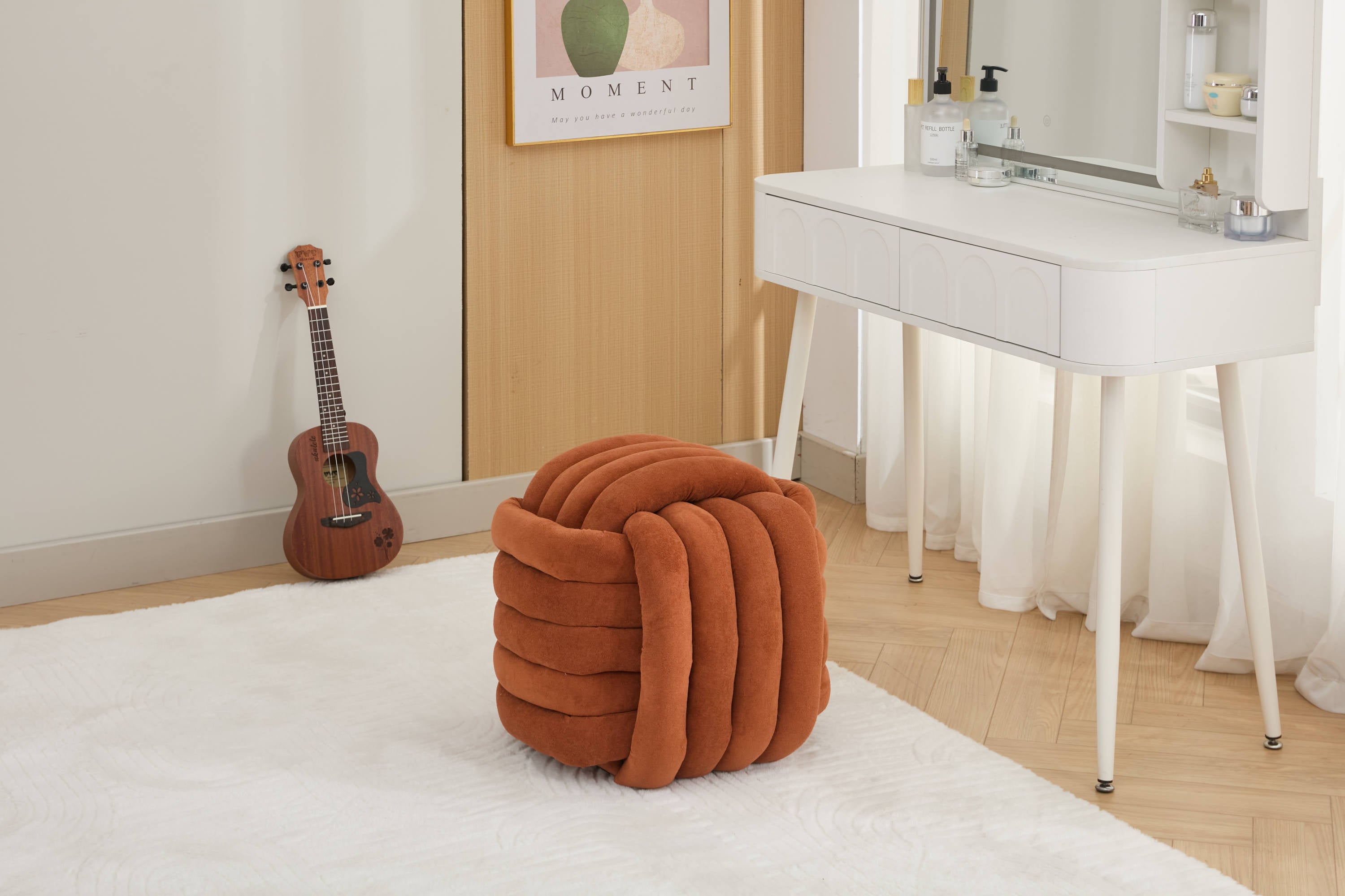 Haoyye Modern Chenille Fabric Knot Design Ottoman Makeup Stool Footstool, Comfortable and Stylish Seat, Perfect for Living Room and Bedroom, Space-Saving Heavy Duty Construction, Durable Furniture for Adults Dorm Room