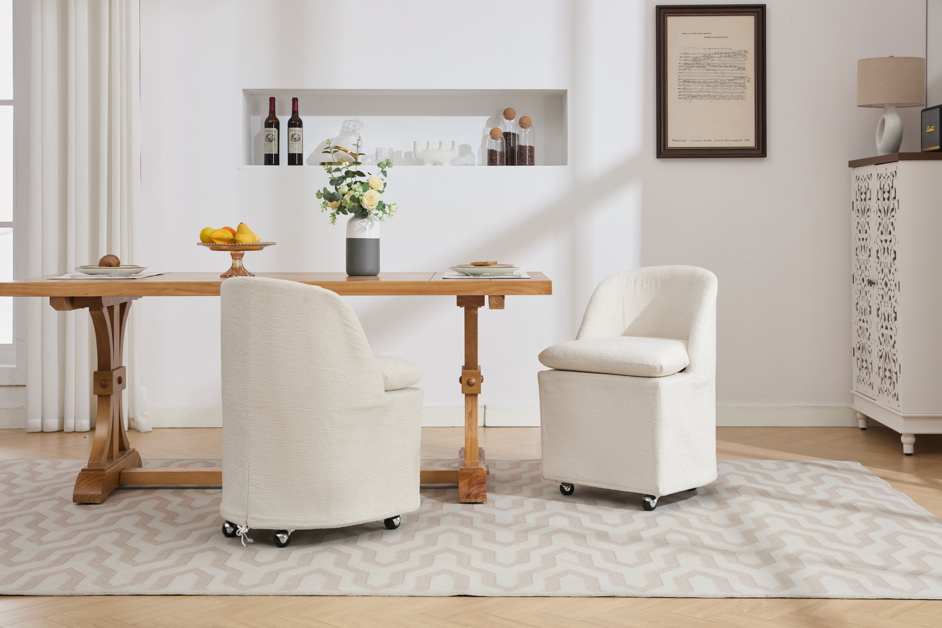 HAOYYE 058-Set of 2 Chenille Fabric Dining Chairs With Universal Wheels,Beige Sturdy Space-Saving Heavy Duty Modern Design Adults Dorm Room Easy Assembly Bedroom Furniture