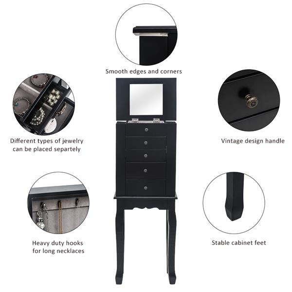 HAOYYE Standing Jewelry Armoire with Mirror, 5 Drawers and 6 Necklace Hooks, Tall Jewelry Cabinet Chest with Top Organizer and 2 Side Swing Doors