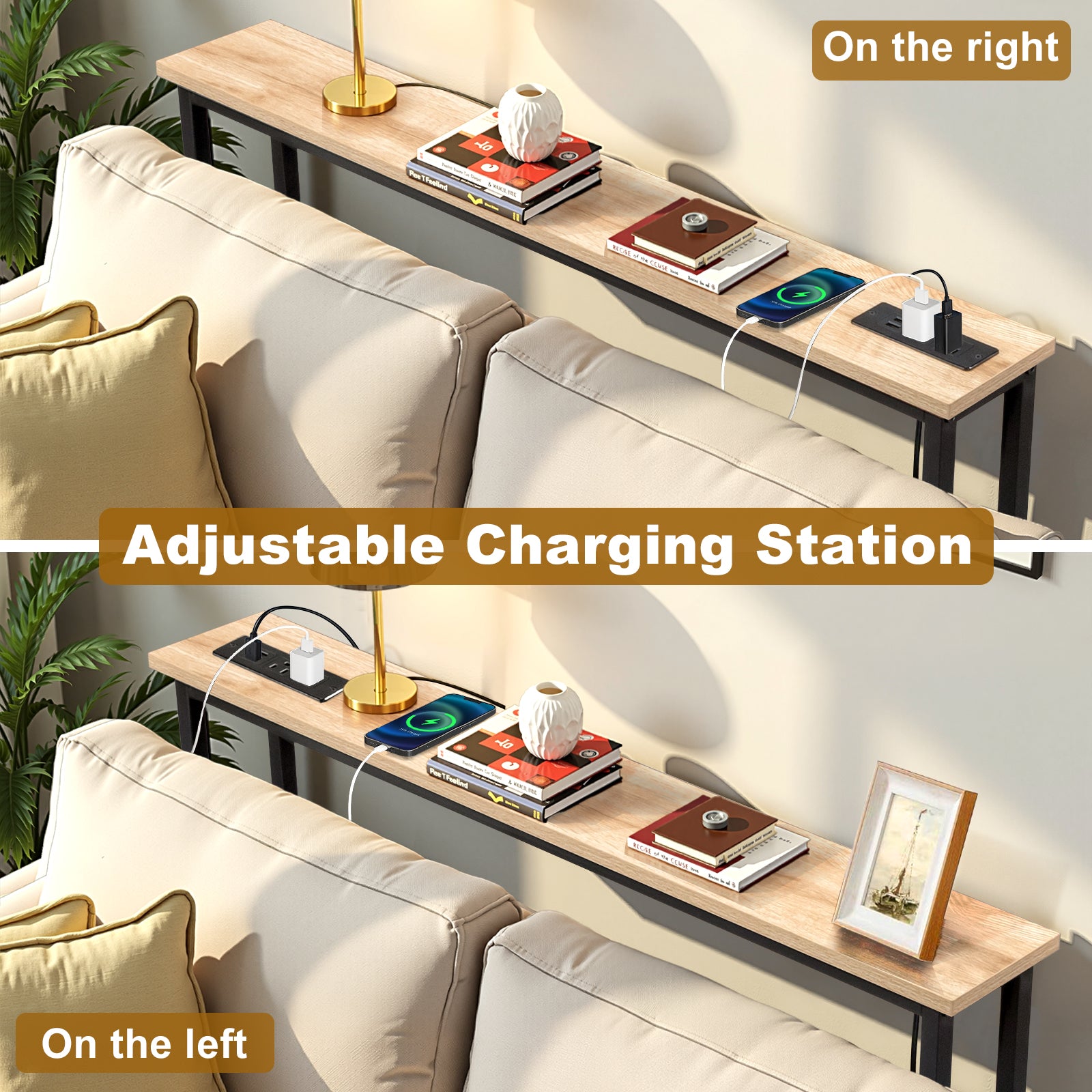 HAOYYE Oak Narrow Console Sofa Table With Built-In Power Outlets And USB Ports, Skinny Couch Table With Metal Frame And Charging Station With Extension Cord, Space Saving Sofa Table For Apartments Dorms And Living Rooms