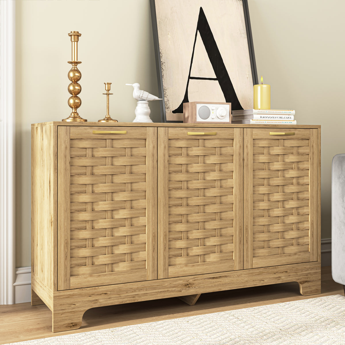 HAOYYE Storage Cabinet with 3 Doors, Wood Sideboard Buffet Storage with Adjustable Shelf, Anti-tip Kit Accent Cabinet for Living Room, Hallway, Entryway, Dining Room, Bedroom Sturdy Space-Saving Heavy Duty