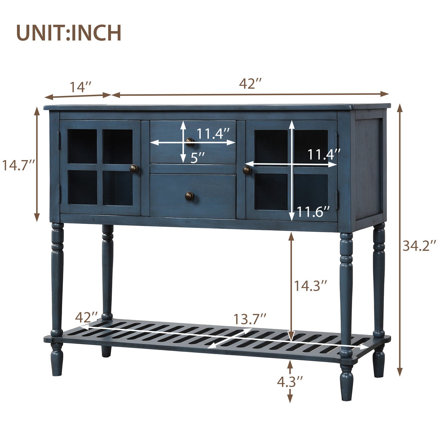 HAOYYE Sideboard Console Table with Bottom Shelf, Farmhouse Wood/Glass Buffet Storage Cabinet Living Room (Antique Navy) Sturdy Space-Saving Heavy Duty Modern Design Easy Assembly Durable Stylish