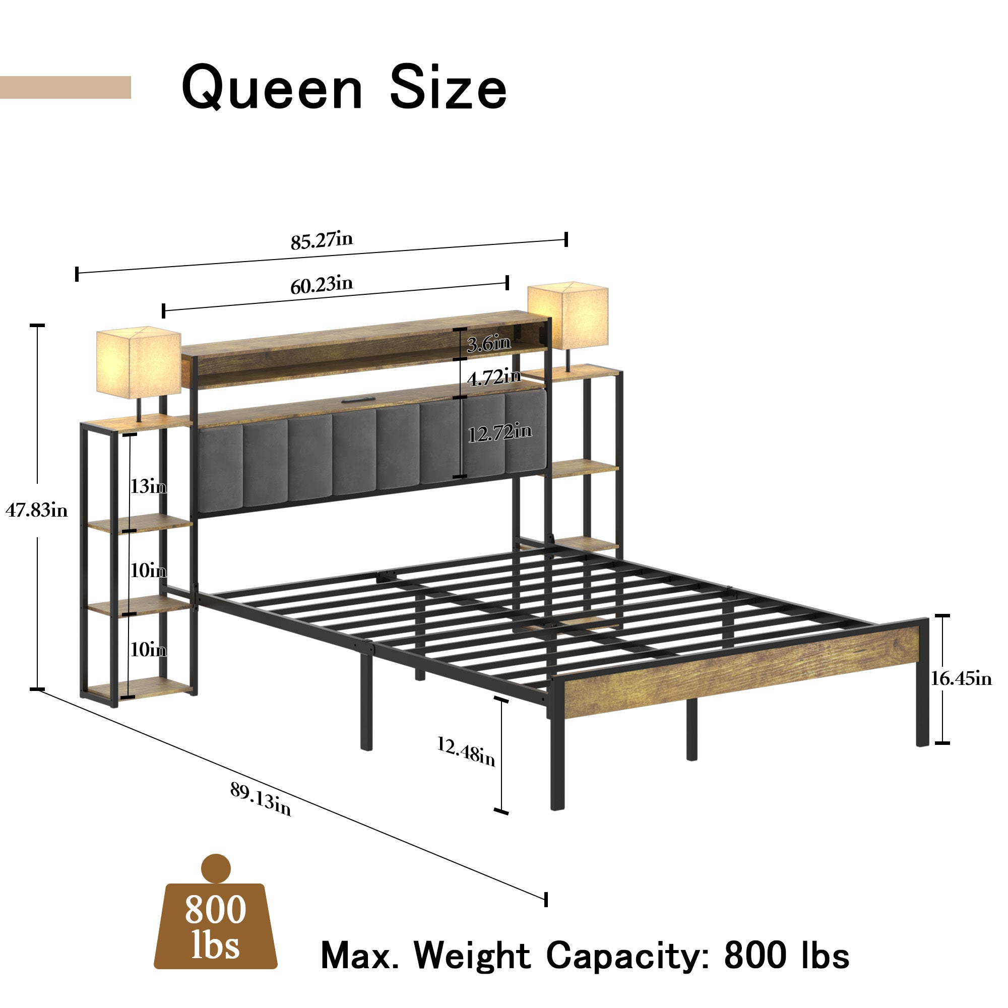 HAOYYE Queen Bed Frame with Storage, Platform Bed Queen Size with LED Lights and Charging Station, Dark gray velvet Headboard with Bookcase Shelves, No Box Spring Needed, Noise Free Sturdy Space-Saving