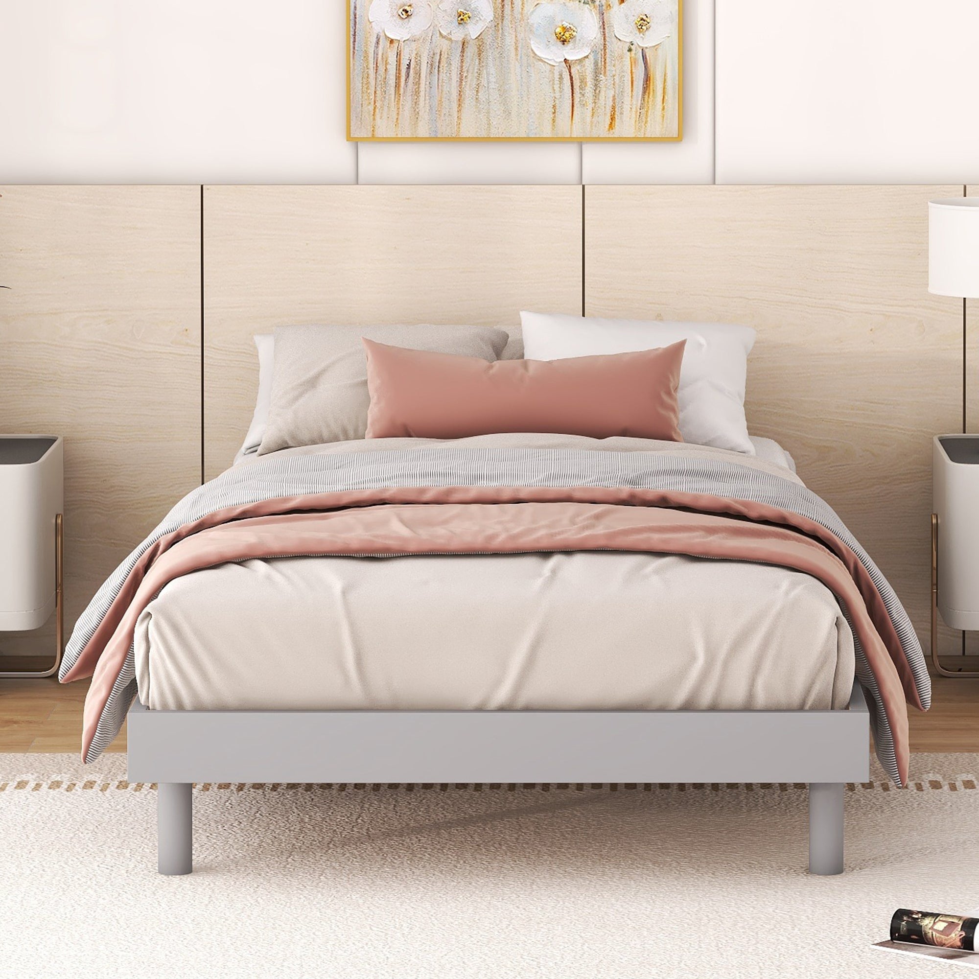 HAOYYE Modern Design Twin Size Floating Platform Bed Frame for Grey Color Sturdy Space-Saving Heavy Duty Easy Assembly Durable Stylish Home Furniture Versatile