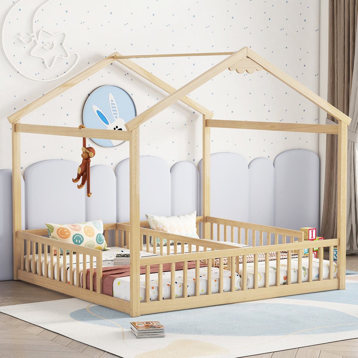 HAOYYE Double Twin House-Style Floor Bed with Fence, Guardrails, without door, Natural Sturdy Space-Saving Heavy Duty Modern Design Adults Dorm Room Easy Assembly Bedroom Furniture