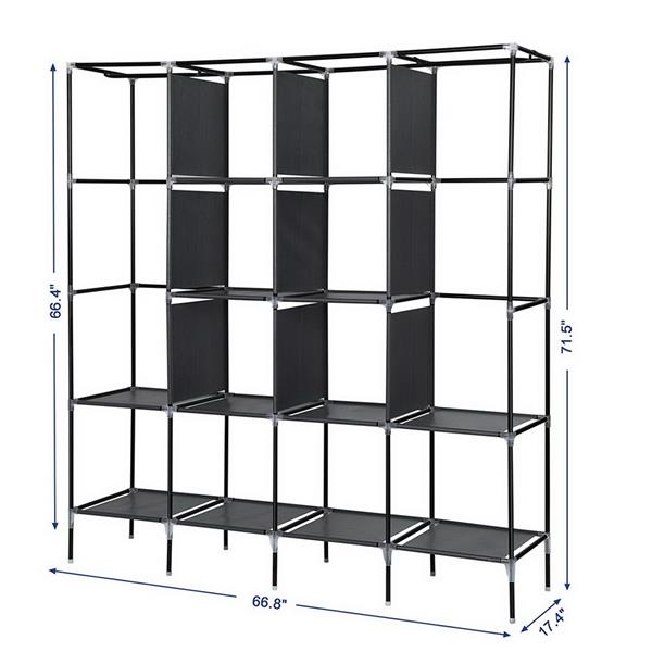 DE Direct HAOYYE Portable Clothes Closet Wardrobe with 12 Storage Shelves and 4 Side Pockets for Bedroom Entryway Garage Fabric Clothes Organizer with Zippered Cover Dustproof Freestanding Clothes Storage Rack