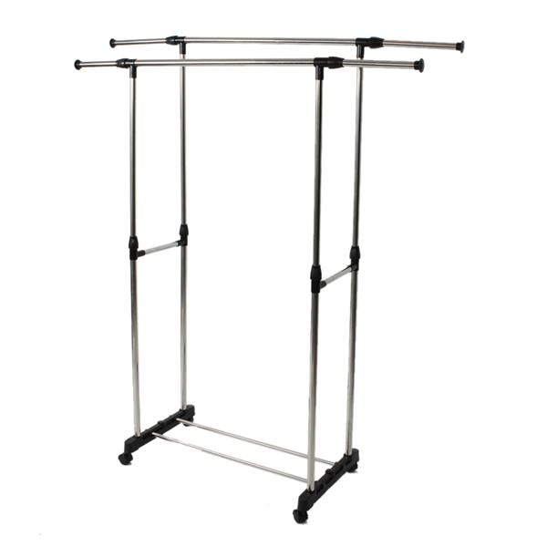 HAOYYE Dual-Bar Clothes Rack with Shoe Shelf, Adjustable Height and Width, Space-Saving Design, Modern Silver Finish, Durable and Versatile Garment Organizer for Bedroom, Entryway, Laundry Room, or Walk-In Closet