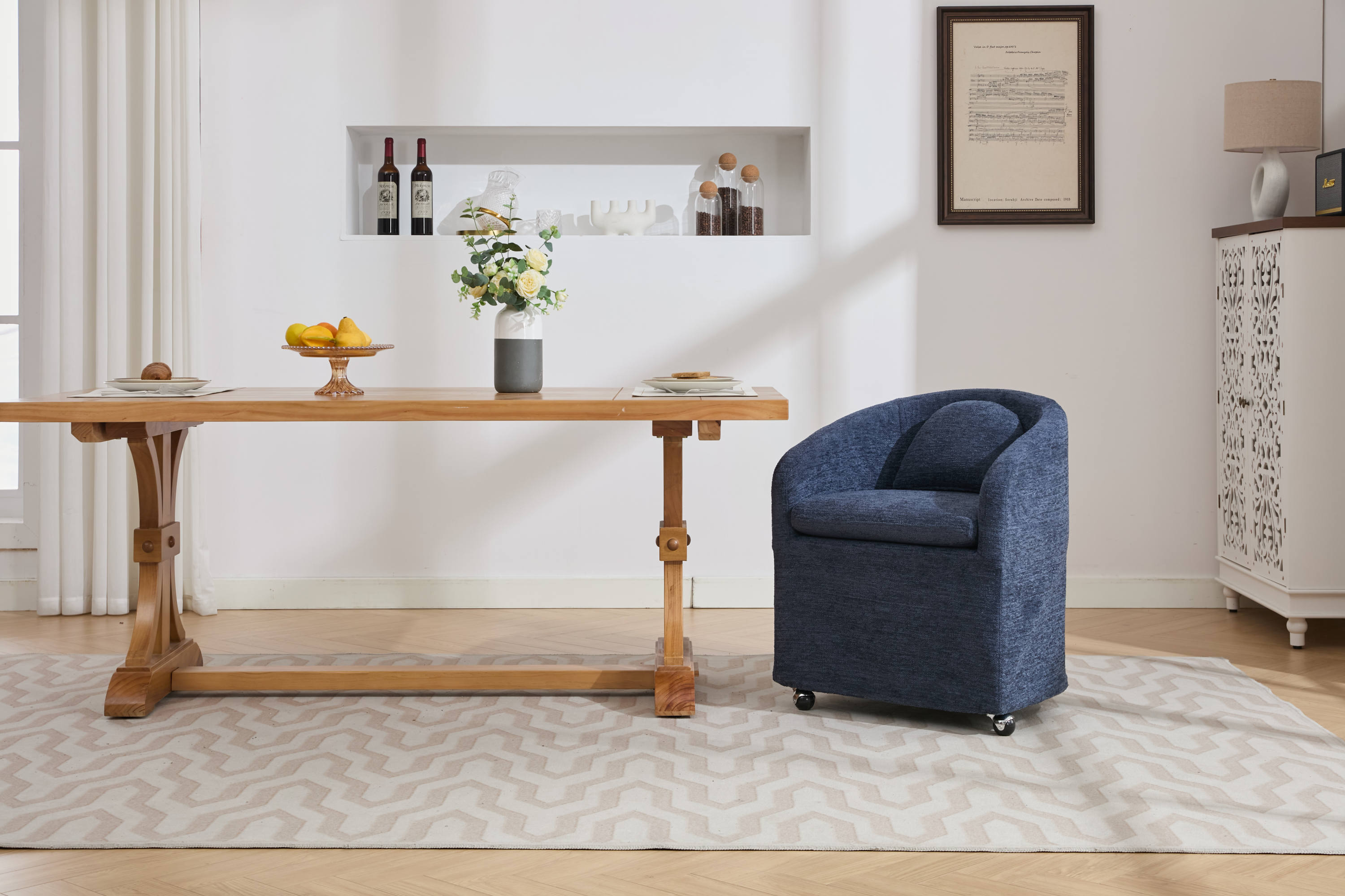 HAOYYE 059-Set of 1 Chenille Fabric Dining Armchair With Back Cushion and Universal Wheels,Blue Sturdy Space-Saving Heavy Duty Modern Design Adults Dorm Room Easy Assembly Bedroom Furniture