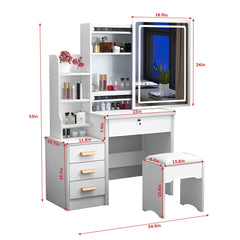 HAOYYE Fashion Vanity Desk with Mirror and Lights for Makeup and Chair, Vanity Mirror with Lights and Table Set with 3 Color Lighting Brightness Adjustable, 4 Drawers, White Color Sturdy Space-Saving Durable