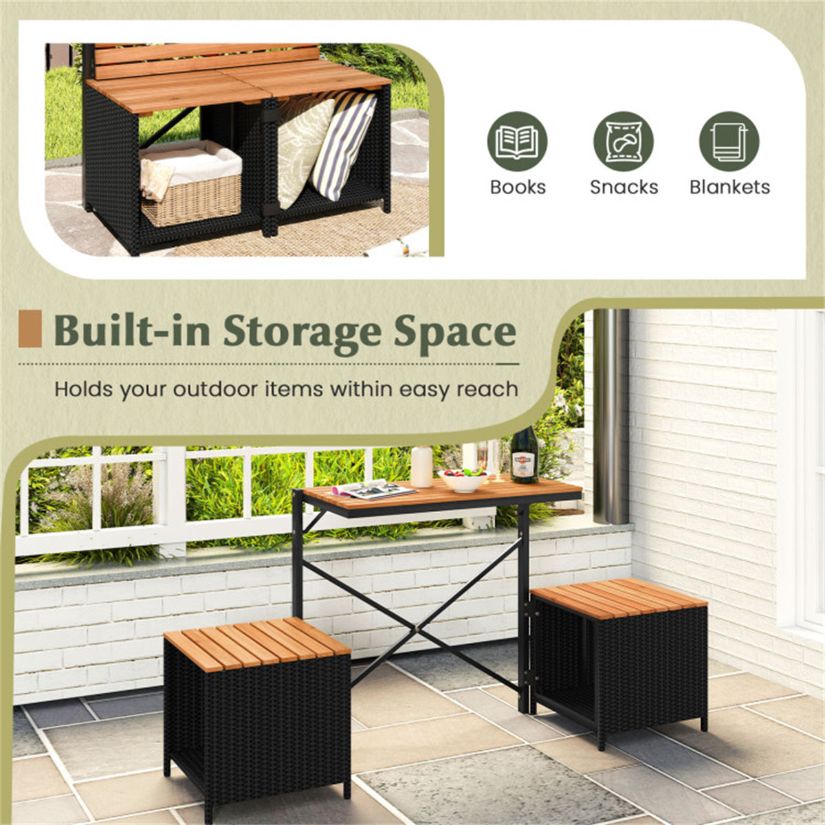 HAOYYE Black PE Rattan 2-in-1 Convertible Picnic Table and Chair Set with Storage, Hand-Woven Weather-Resistant Outdoor Furniture, Solid Acacia Wood Frame, Heavy-Duty Metal Support, Perfect for Patio, Garden, Backyard, Porch Use