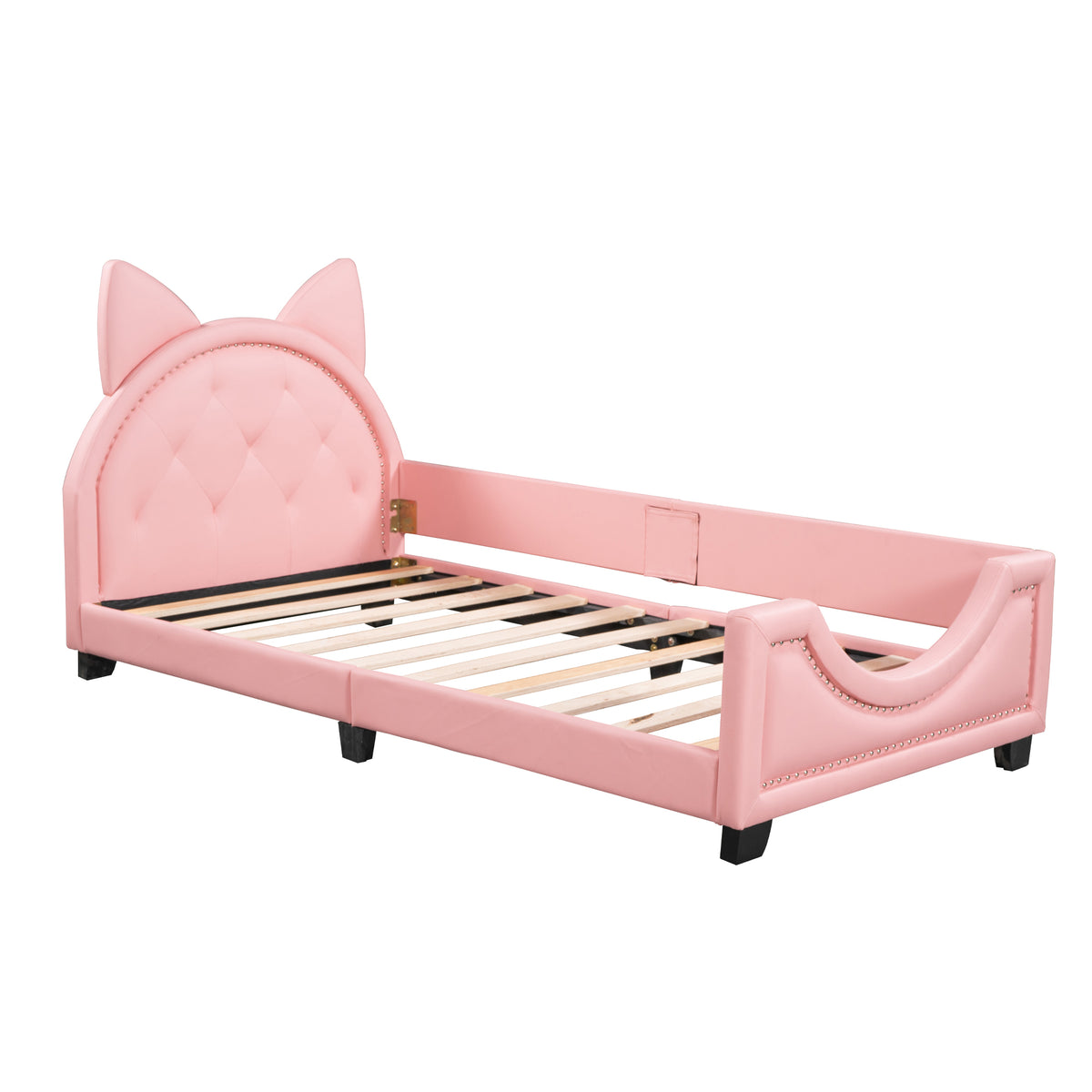 HAOYYE Twin Size Upholstered Daybed with Carton Ears Shaped Headboard, Pink Sturdy Space-Saving Heavy Duty Modern Design Adults Dorm Room Easy Assembly Bedroom Furniture