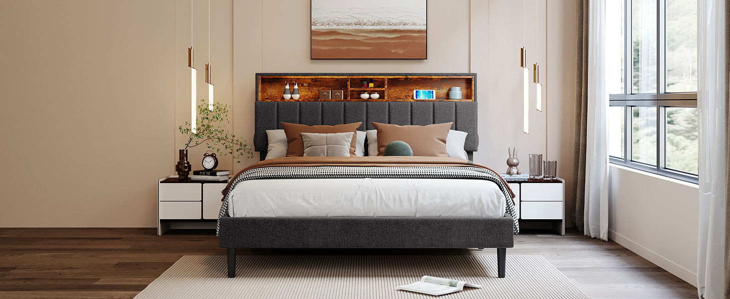 HAOYYE Queen Size Upholstered Platform Bed with Storage Headboard and USB Port, Linen Fabric Upholstered Bed (Gray) Sturdy Space-Saving Heavy Duty Modern Design Adults Dorm Room Easy Assembly