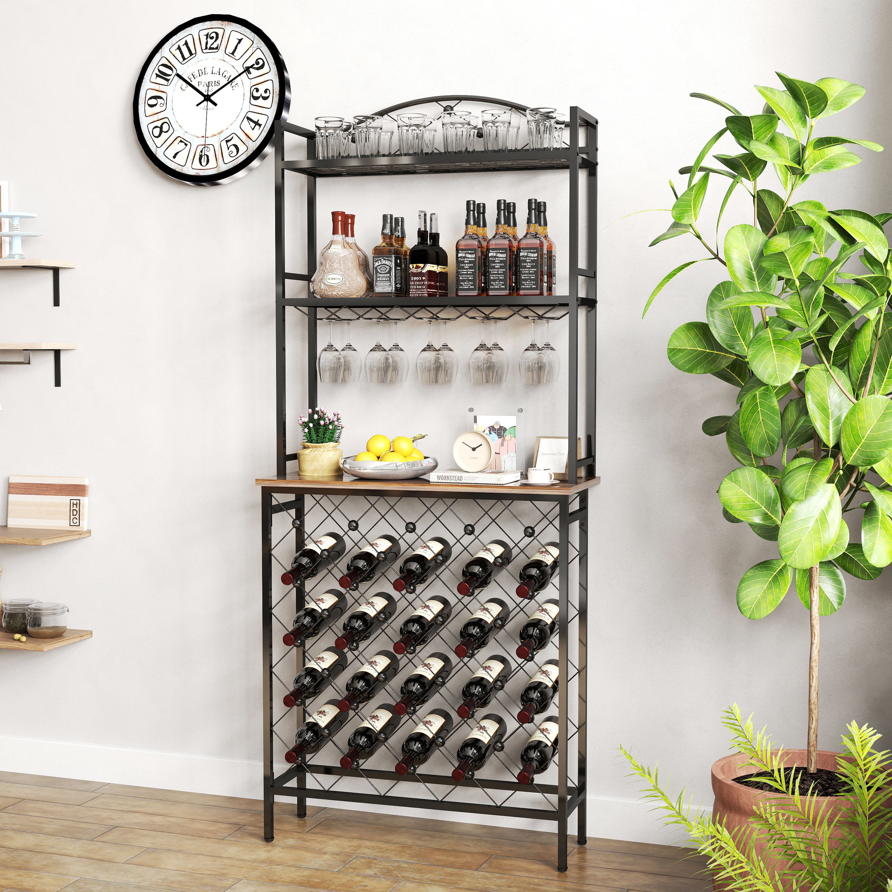 HAOYYE Industrial Wine Rack Bar Table, 3-Tier Liquor Bottle and Glass Holder with Storage Shelves, Metal and Wood Wine Organizer for Home Kitchen, Dining Room, and Living Room Sturdy Space-Saving Heavy Duty