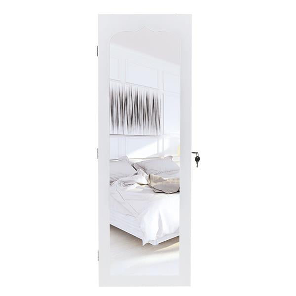 HAOYYE Wall Mounted Jewelry Cabinet with Mirror and Blue LED Lights, 4-Layer Storage Shelves and 6 Drawers, White Wooden Lockable Jewelry Organizer Armoire with Elegant Design