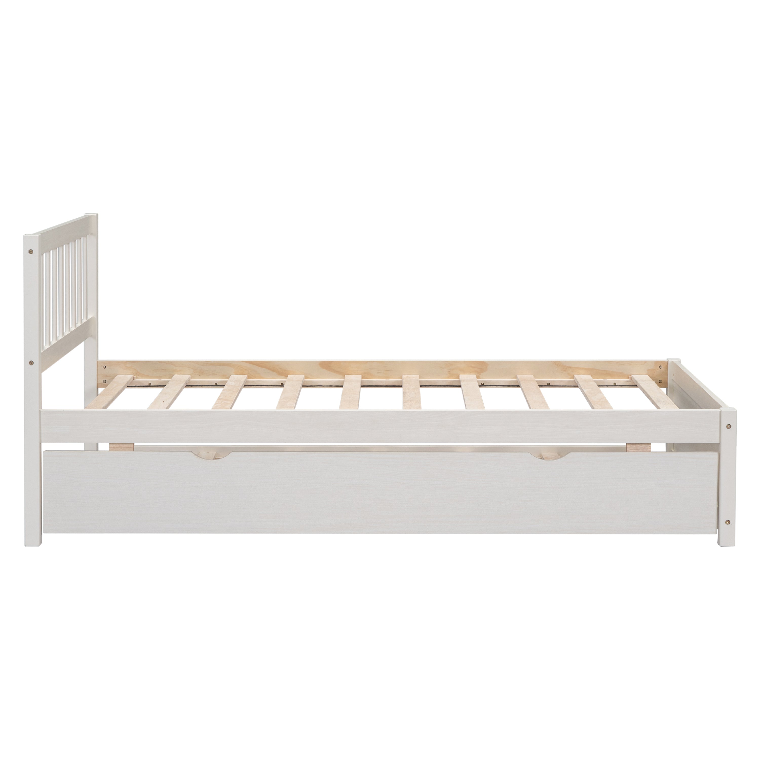HAOYYE Wooden Twin Size Platform Bed Frame with Trundle for White Washed Color Sturdy Space-Saving Heavy Duty Modern Design Easy Assembly Durable Stylish Home Furniture Versatile