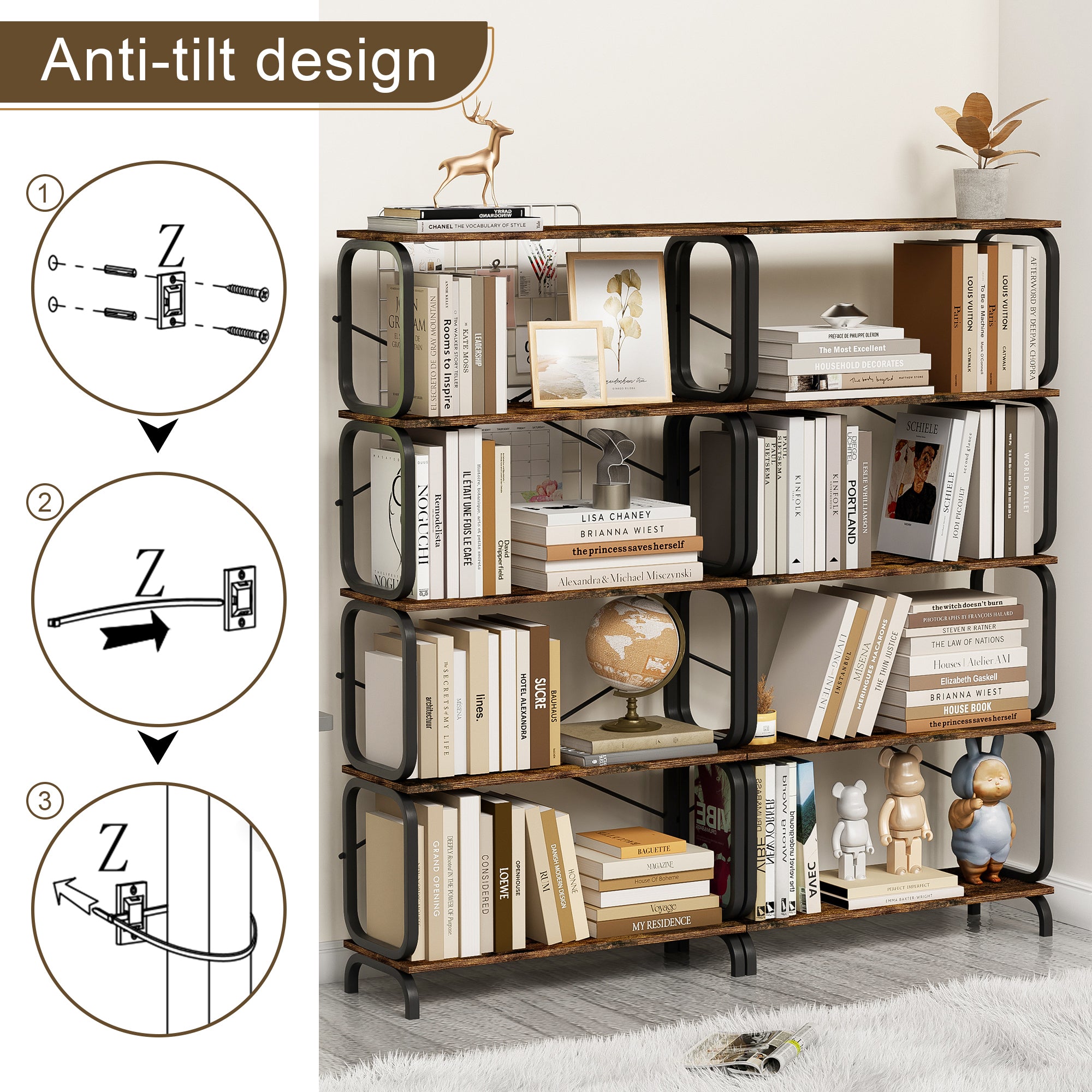 HAOYYE 5 Tier Large Book Shelf, Bookcase Home Office Open Bookshelf,Shelves for Living Room, Office Shelf,Vintage Industrial Style Bookshelf with Metal Frame,Rustic Brown Sturdy Space-Saving Heavy Duty