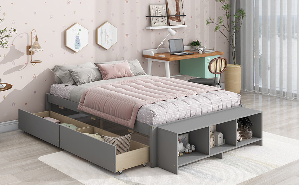HAOYYE Full Size Bed with Storage Case, 2 Storage Drawers, Lengthwise Support Slat, Grey Heavy Duty Sturdy Bed Frame, Space-Saving Modern Design, Easy Assembly, Durable Stylish Home Furniture, Versatile Bedroom Storage Solution.