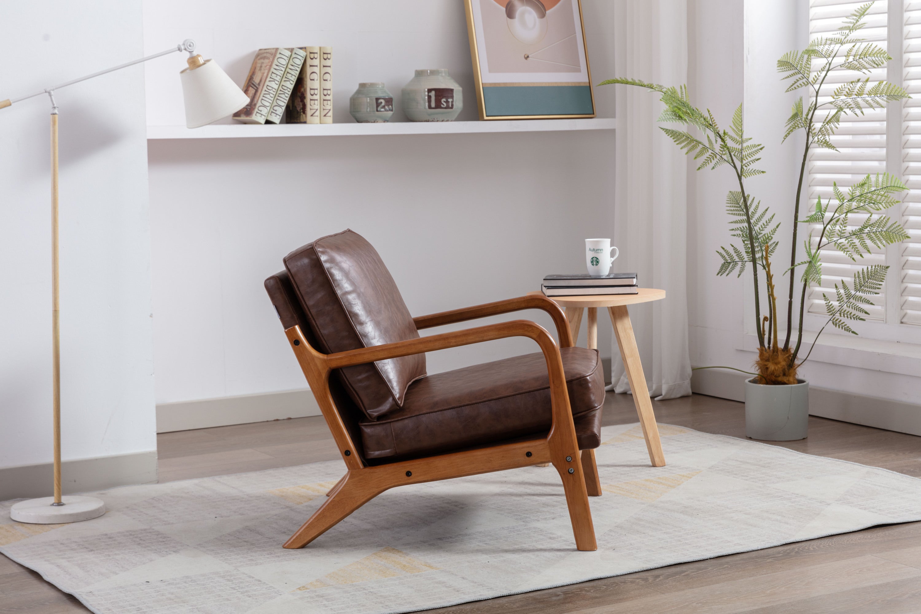 HAOYYE Mid Century Modern Accent Chair, Comfy Fabric Living Room Chairs with Solid Wood Frame, Lounge Reading Armchair, Easy Assembly (Brown PU) Sturdy Space-Saving Heavy Duty Modern Design