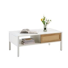 HAOYYE White Rattan Coffee Table With Sliding Door, Metal Legs, Modern Storage Table for Living Room, Sturdy Space-Saving Heavy Duty Design, Easy Assembly